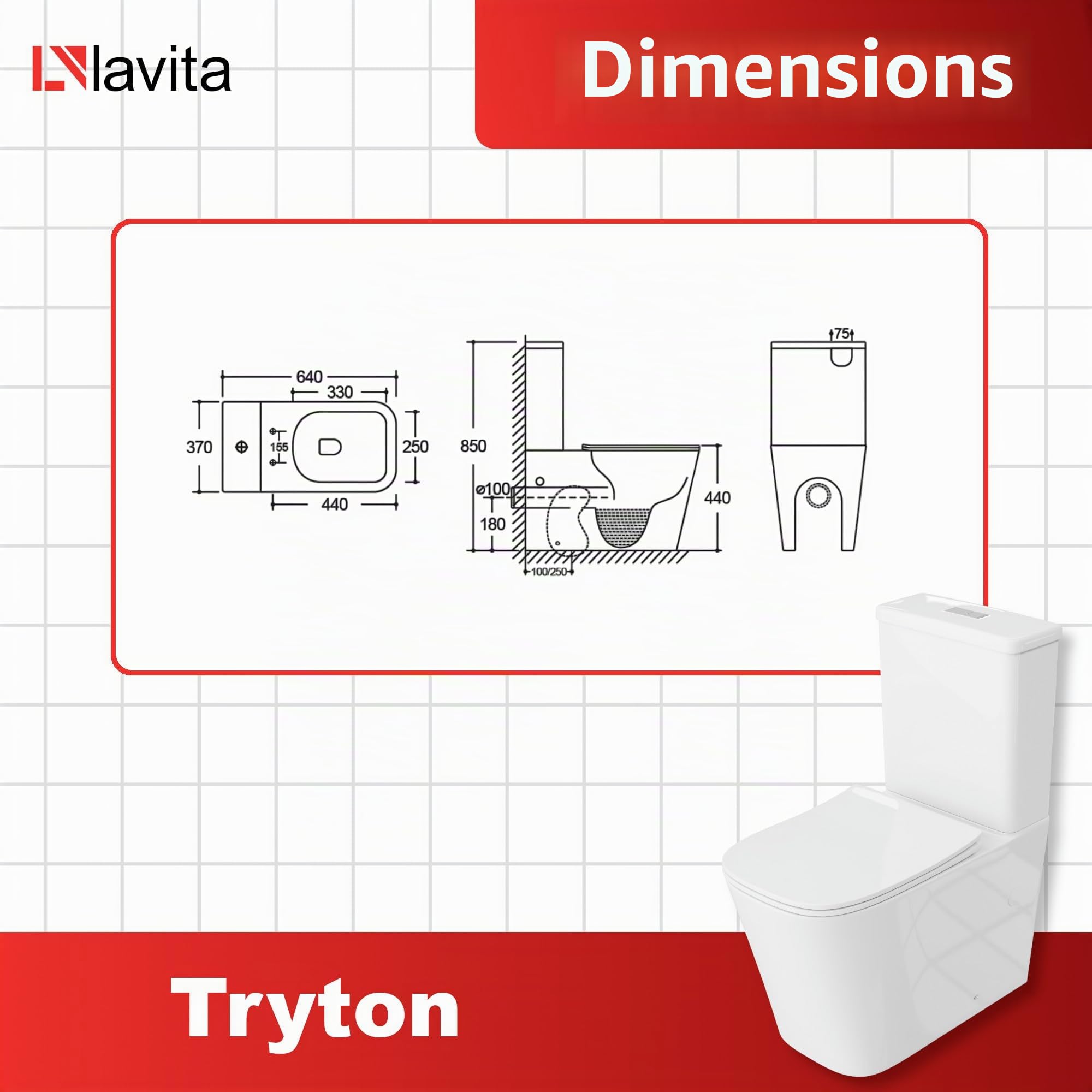 LAVITA TRYTON WC Monobloc Blanc Avec Réservoir De Chasse Intégré, Couvercle à Abaissement Automatique, Céramique Sans Bord, Cuvette Debout