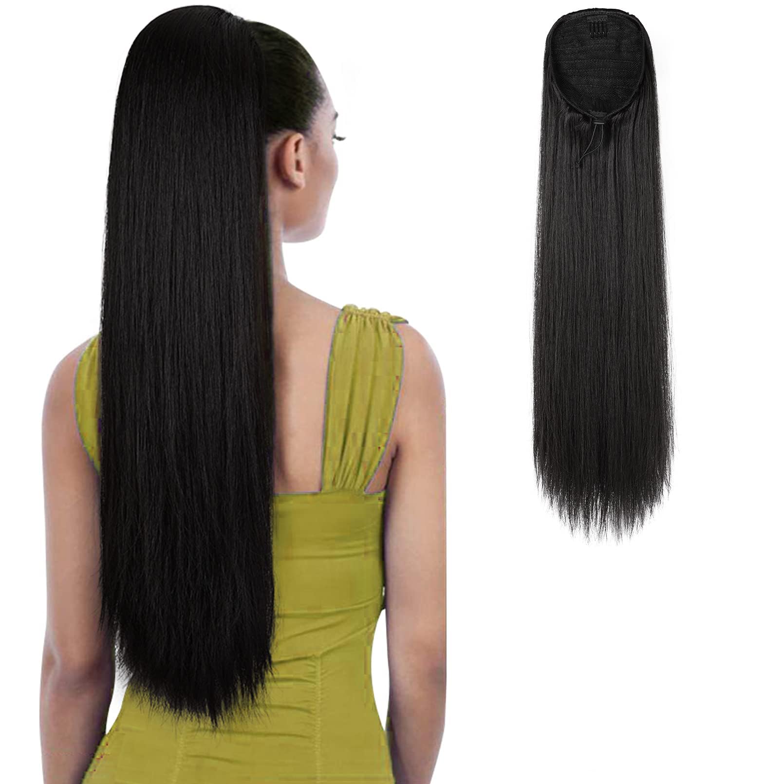 Azonee Ponytail Extensions Drawstring, 28" Long Straight Fake Pony Tail Natural Soft Clip in Hair Extension Synthetic Heat Resistant Hairpiece Ponytail Natural Synthetic Hairpiece - Black