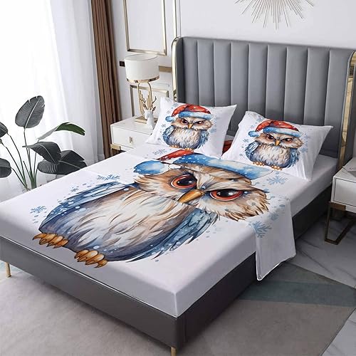zcsm Owl Sheets Queen Size - Cartoon Bedding Sheets & Pillowcases - 100% Microfiber, High Thread Count Print, Flat Sheet & Deep Pocket Fitted Sheet