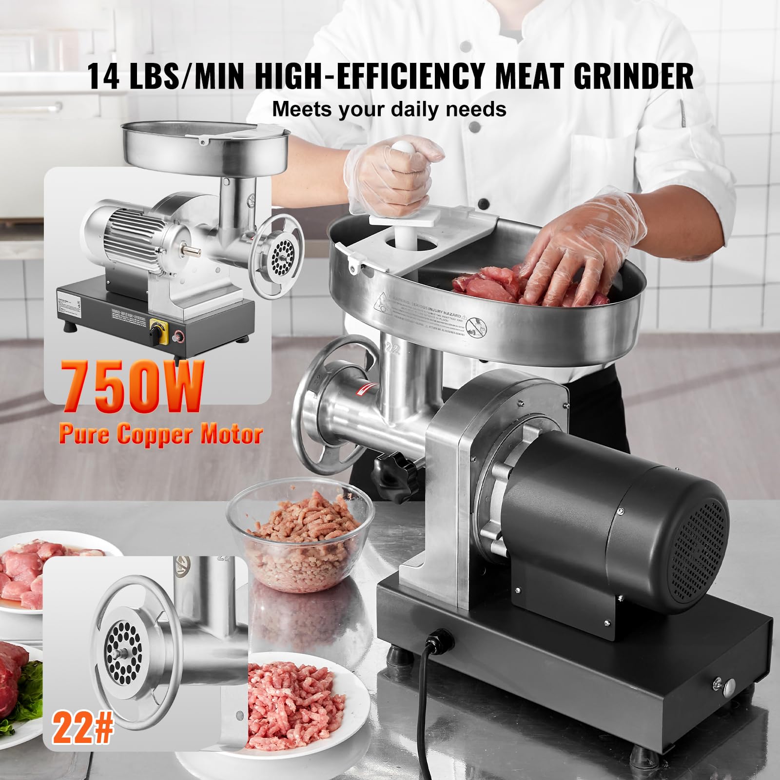 Happybuy Electric Meat Grinder, 14 Lbs/Min Capacity with Blade, Grinding Plate and Sausage Maker, Stainless Steel Commercial Meat Mincer for Kitchen, Restaurant, Butcher Store