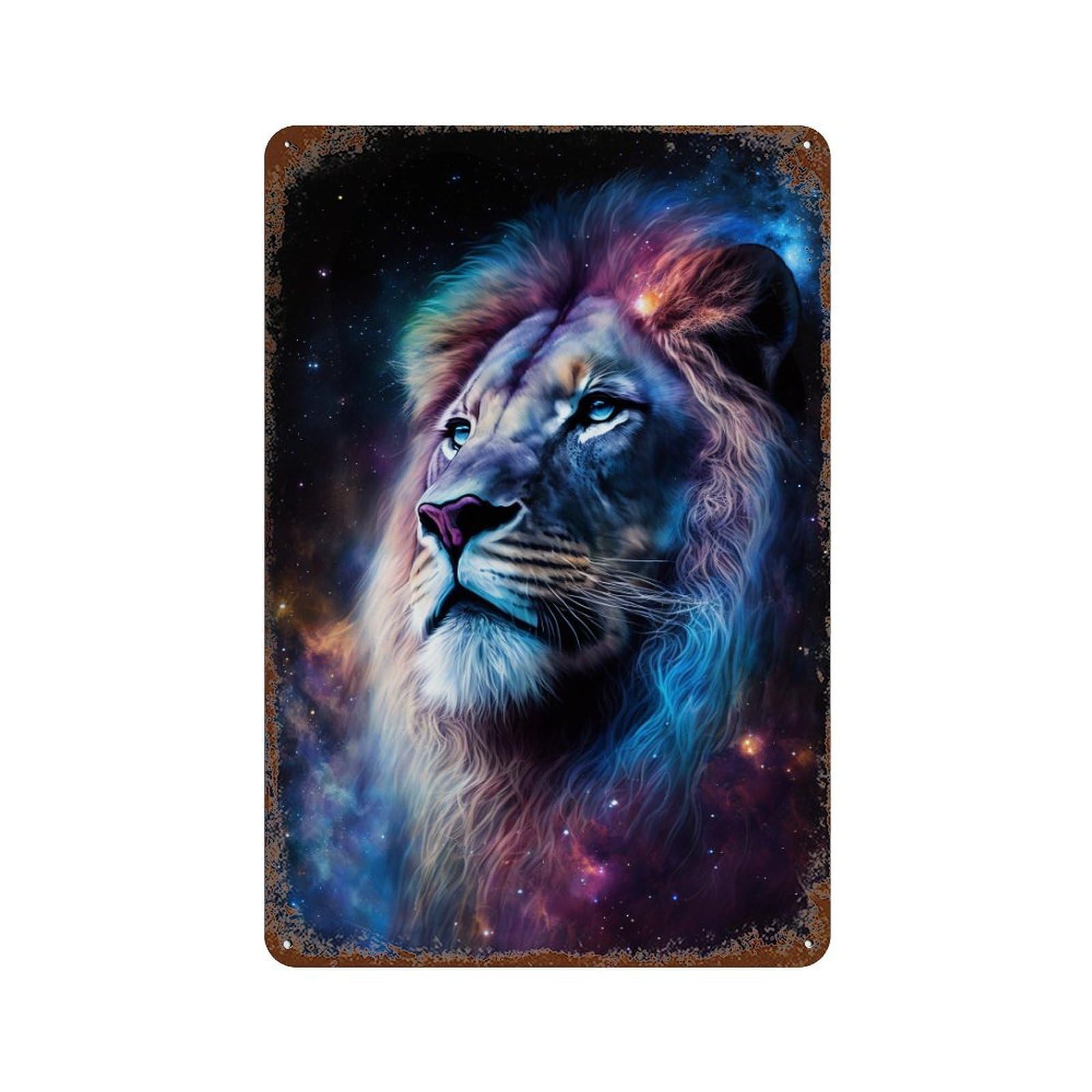 Rust Effect Cosmic Lion Art Print-9 Rustic Tin Plaque 11.8"x7.9", Decorative Metal Wall Art for Farmhouse, Kitchen And Entryway Decor