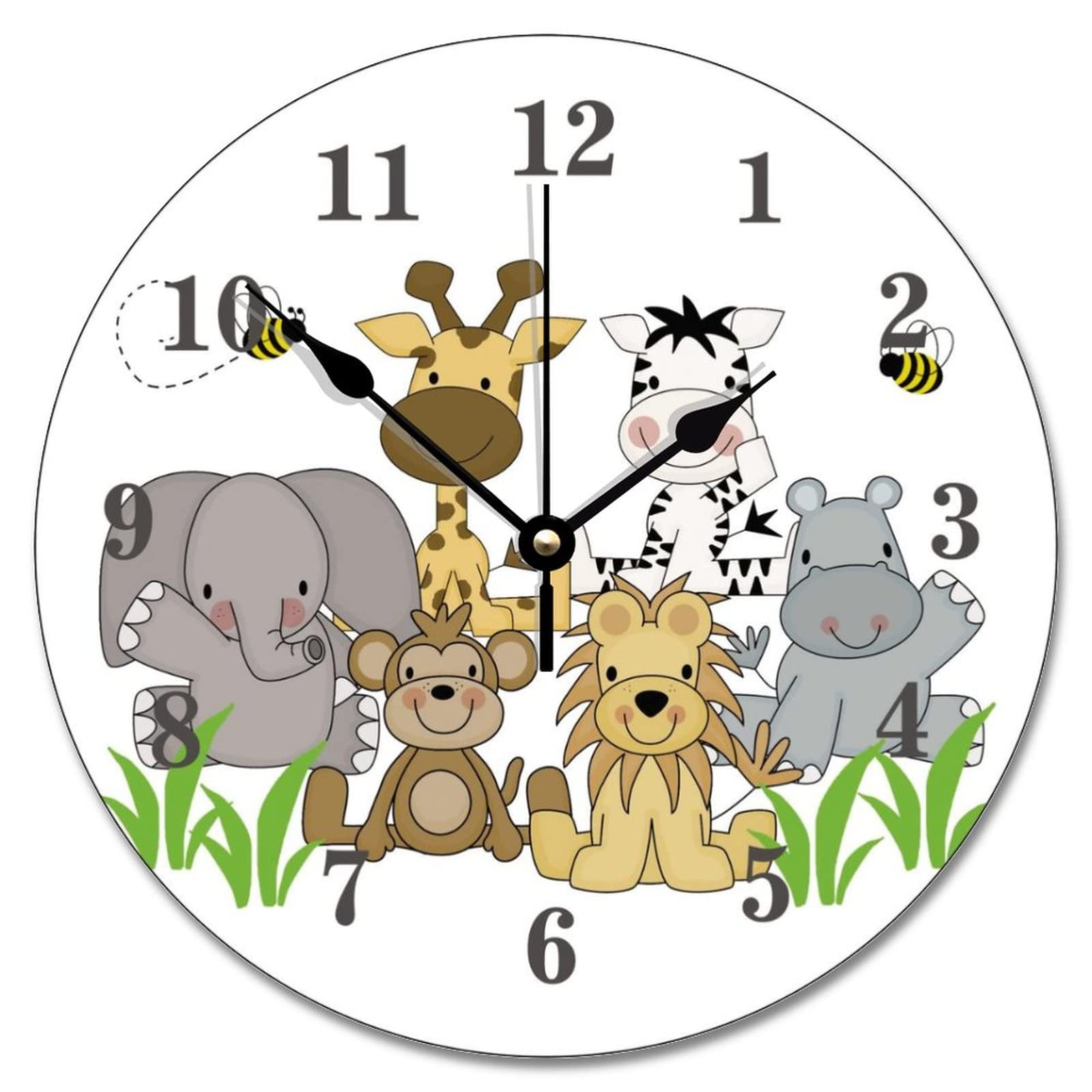 ArogGeldJungle Animals Wall Clock Baby Nursery Kids Room Wood Clock 10 Inch Silent Non-Ticking Wooden Wall Clocks Battery Operated Living Room Bedroom Kitchen Farmhouse Decor Christmas Birthday Gift