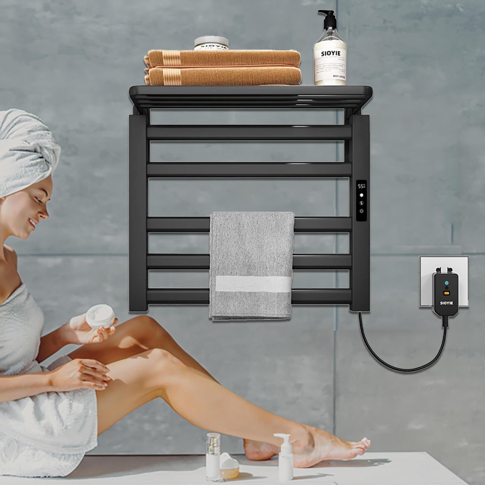 Heated Towel Rack 5 Bar Wall-Mounted, Heated Towel Rail with Timer,LED Display,Constant Temperature Control Towel Warmer with Timer Plug-in/Hardwired,Black