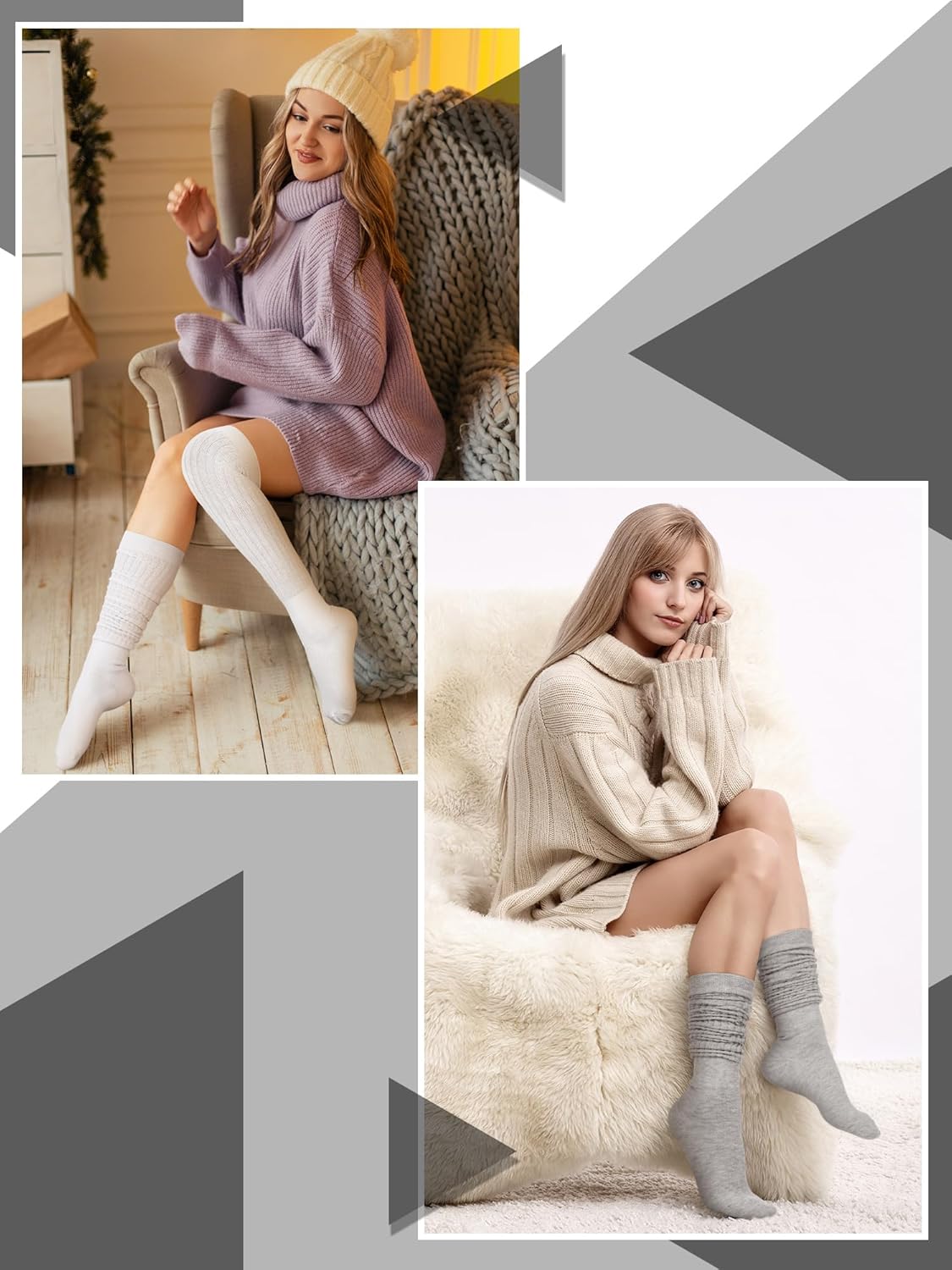 Geyoga 3 Pairs over Knee Thigh Slouch Socks Women Scrunch Knee High Stocking Cotton Knit Boot Socks for Boots Casual Chic - Image 5