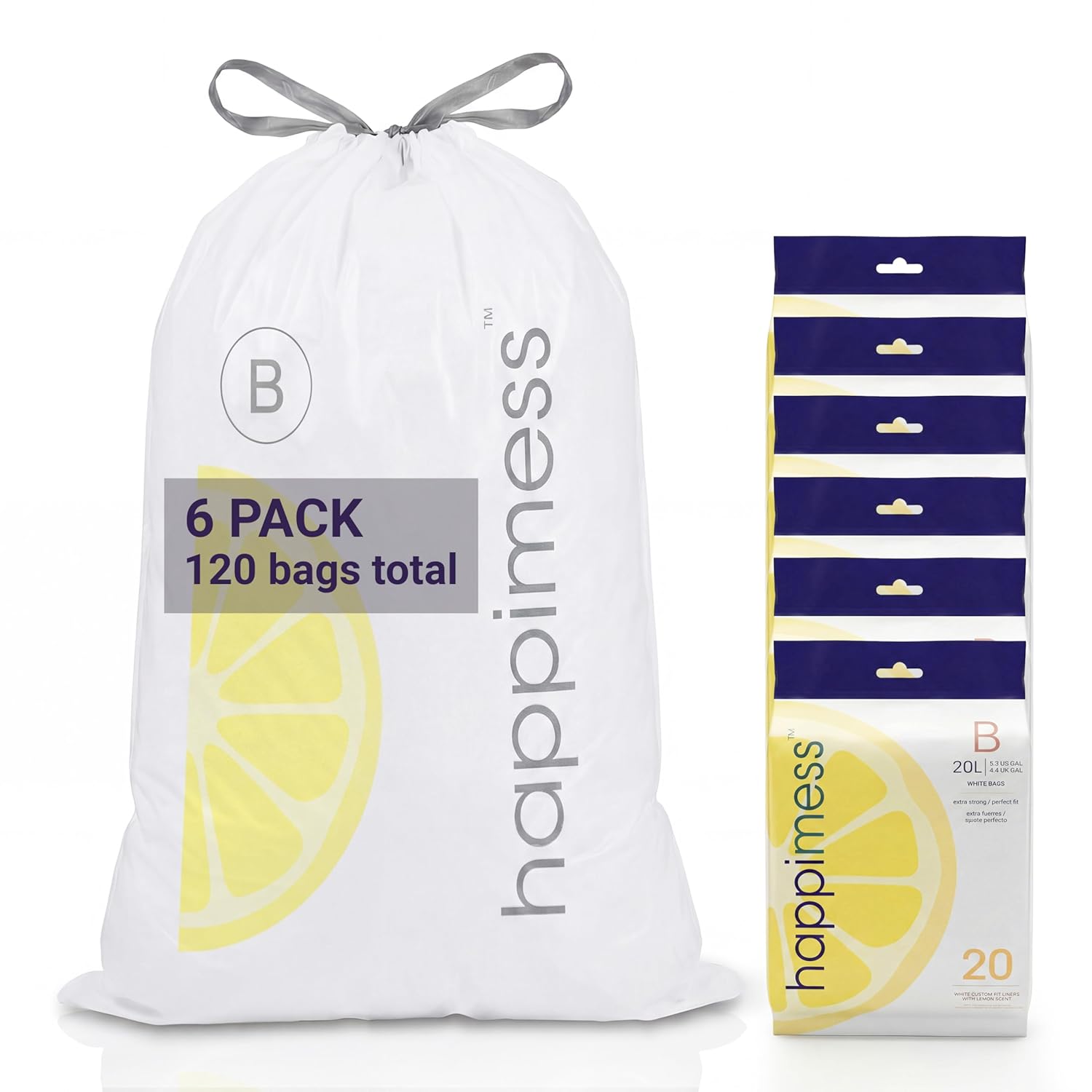 happimess 5.3 Gallon (20L) Drawstring Trash Bags, Lemon Scent, White, Heavy Duty MDPE Liners for Kitchen and Household, Odor Control, Custom Fit 120 Count (6 Packs of 20 Liners) HPM3100B-W-6SET