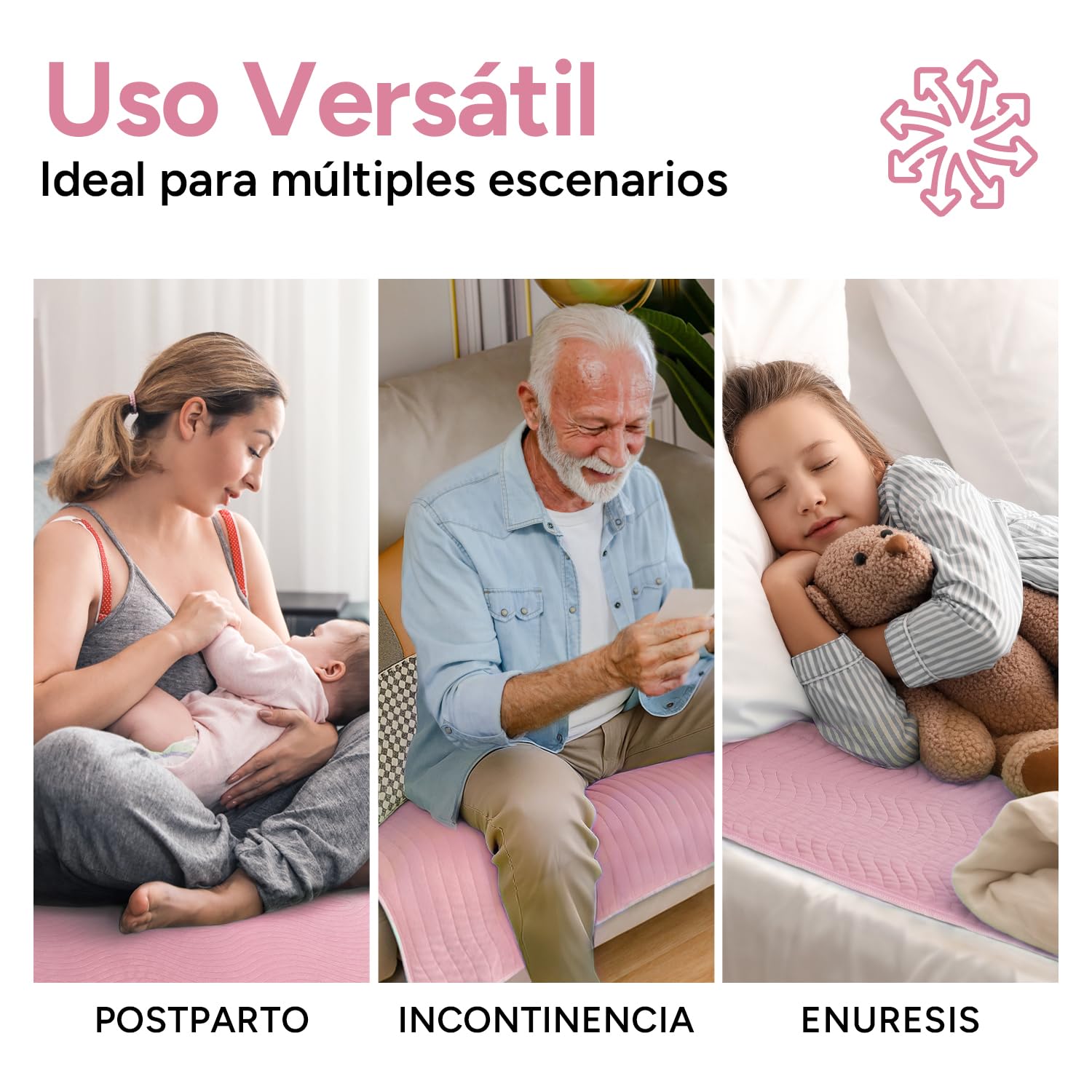 WHYWORRY Empapadores Cama Adultos Lavables 86 x 91 cm para Incontinencia, Protector Cama Impermeable Reutilizable Absorbente, Salvacamas Impermeable, 4 Capas de Protección, Oeko-Tex, Rosa, 4 Unidades
