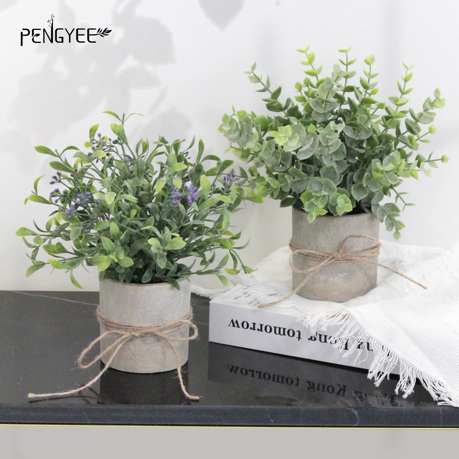 Paquete de 3 plantas artificiales de eucalipto para interiores de 8.5 pulgadas, pequeña vegetación sintética para decoración del hogar, granja, baño, cocina, oficina, plantas falsas para 8