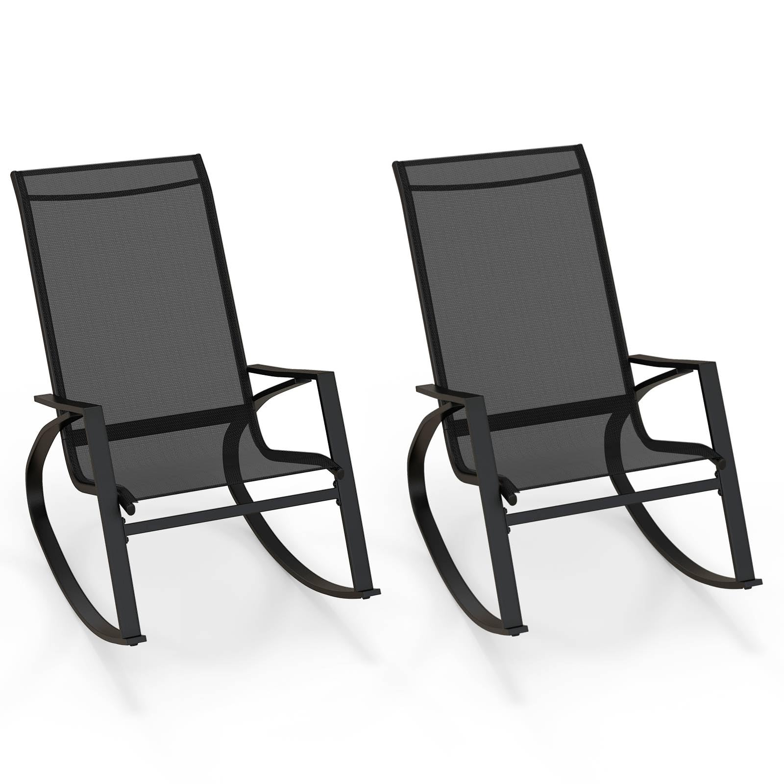RELAX4LIFE 2PCS Garden Rocking Chairs, Ergonomic Outdoor Fabric Rocking Armchairs Lounge Chairs with High Backrest, Metal Frame Patio Rockers for Backyard, Balcony, Deck (Black)