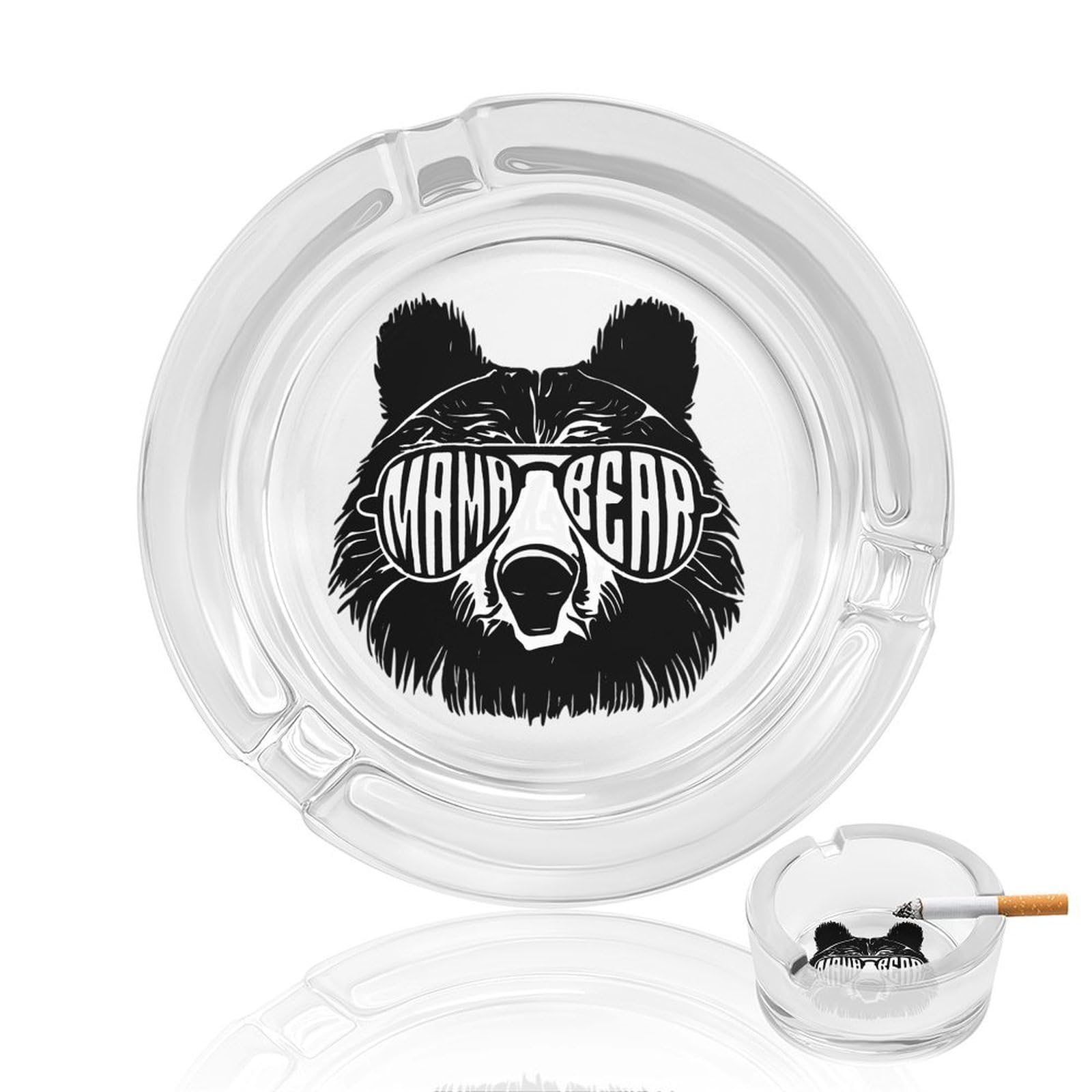 Mama-Bears with Eyesglasses Ashtray Portable Round Glass Outdoor Ash Tray for Home Office Garden Pub