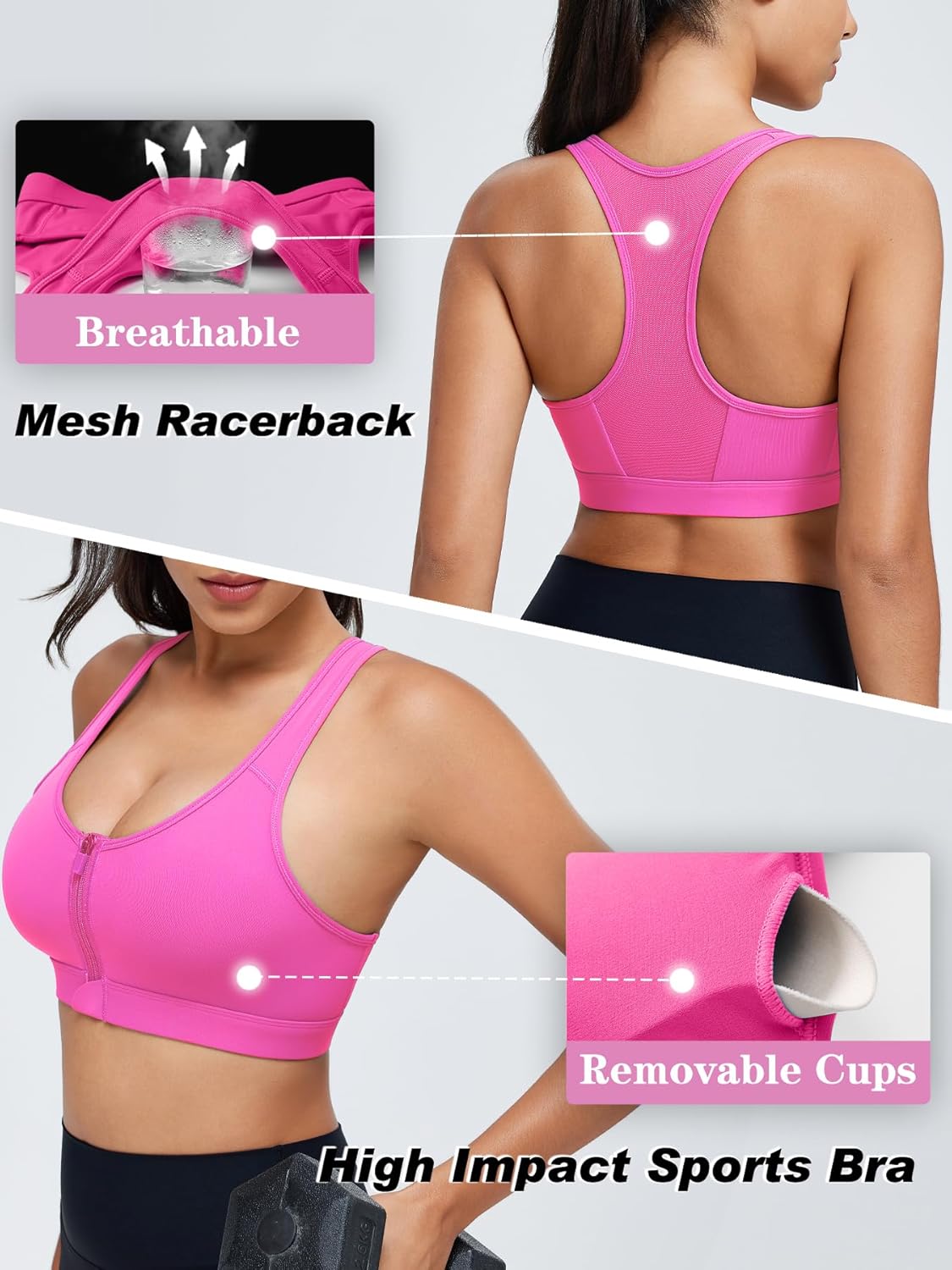 Zip Front Closure High Impact Sports Bra for Women Post Surgery Racerback Sports Bra High Support Workout Running Bras - Image 5