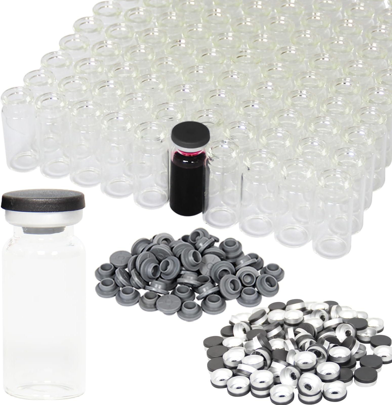 Chudeng 10ml Clear Glass Vials-2-1/2 Dram Clear Glass Headspace Vials with Black Plastic-Aluminum Flip Caps and Rubber Stoppers, 100 Pack, 20mm Flat Bottom Lab Vial