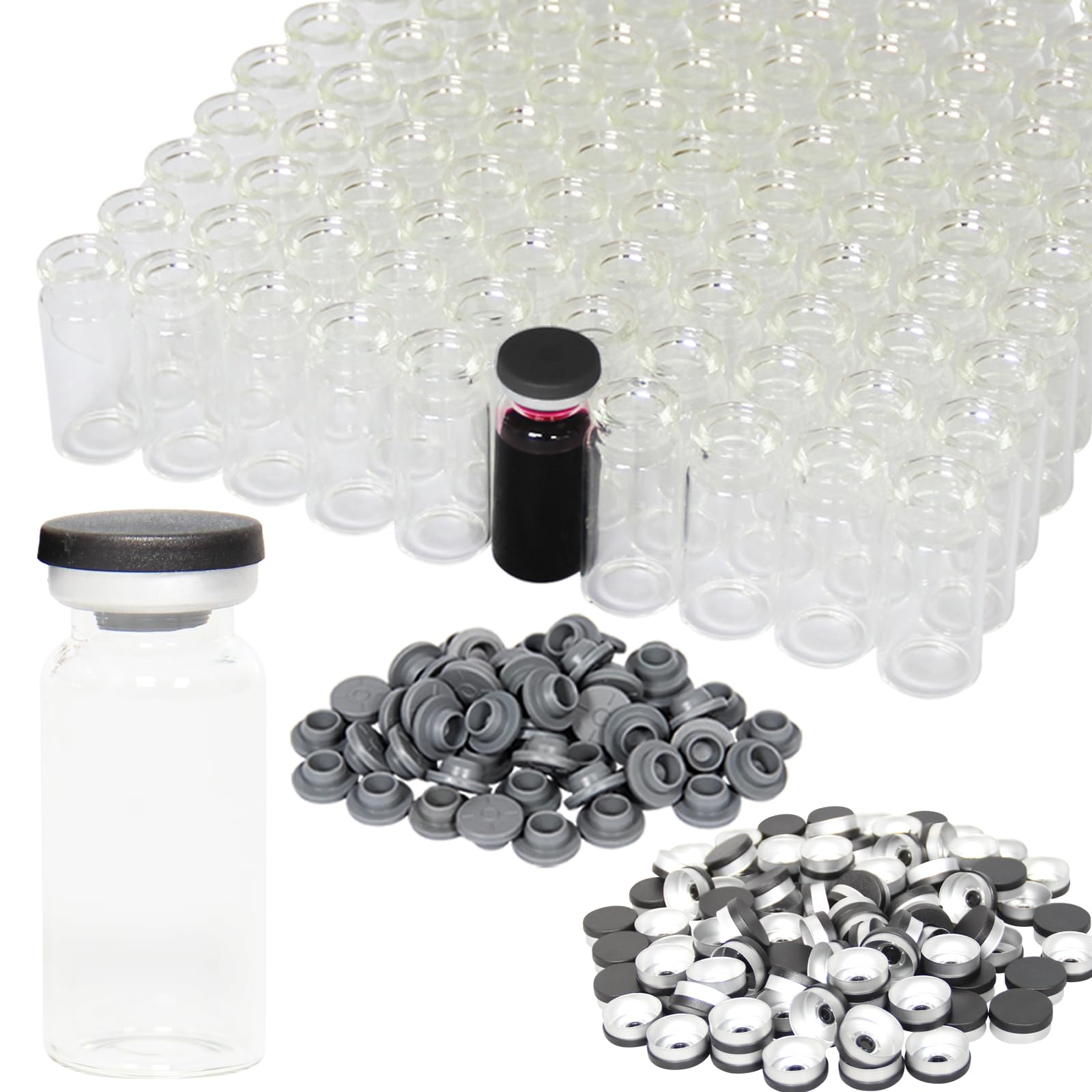 Chudeng 10ml Clear Glass Vials-2-1/2 Dram Clear Glass Headspace Vials with Black Plastic-Aluminum Flip Caps and Rubber Stoppers, 100 Pack, 20mm Flat Bottom Lab Vial