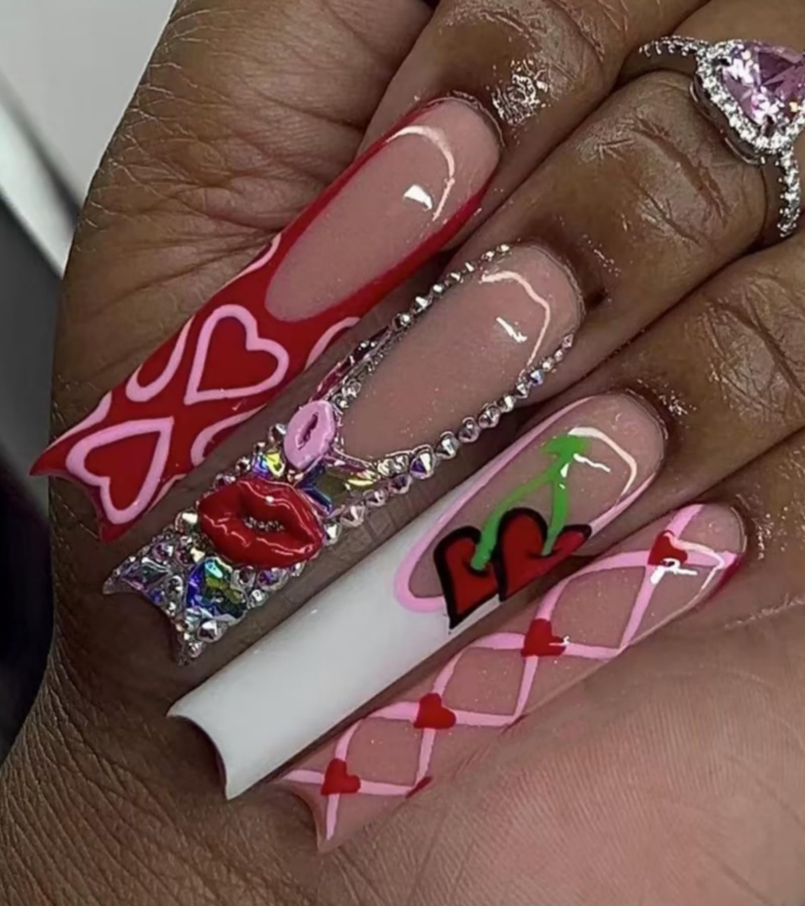 Aegenacess Press on Nails Square - Extra Long Fake Nails with 3D Rhinestones and Lips, White French Tips Cute Red False Nail, Fall Stick On Nails for