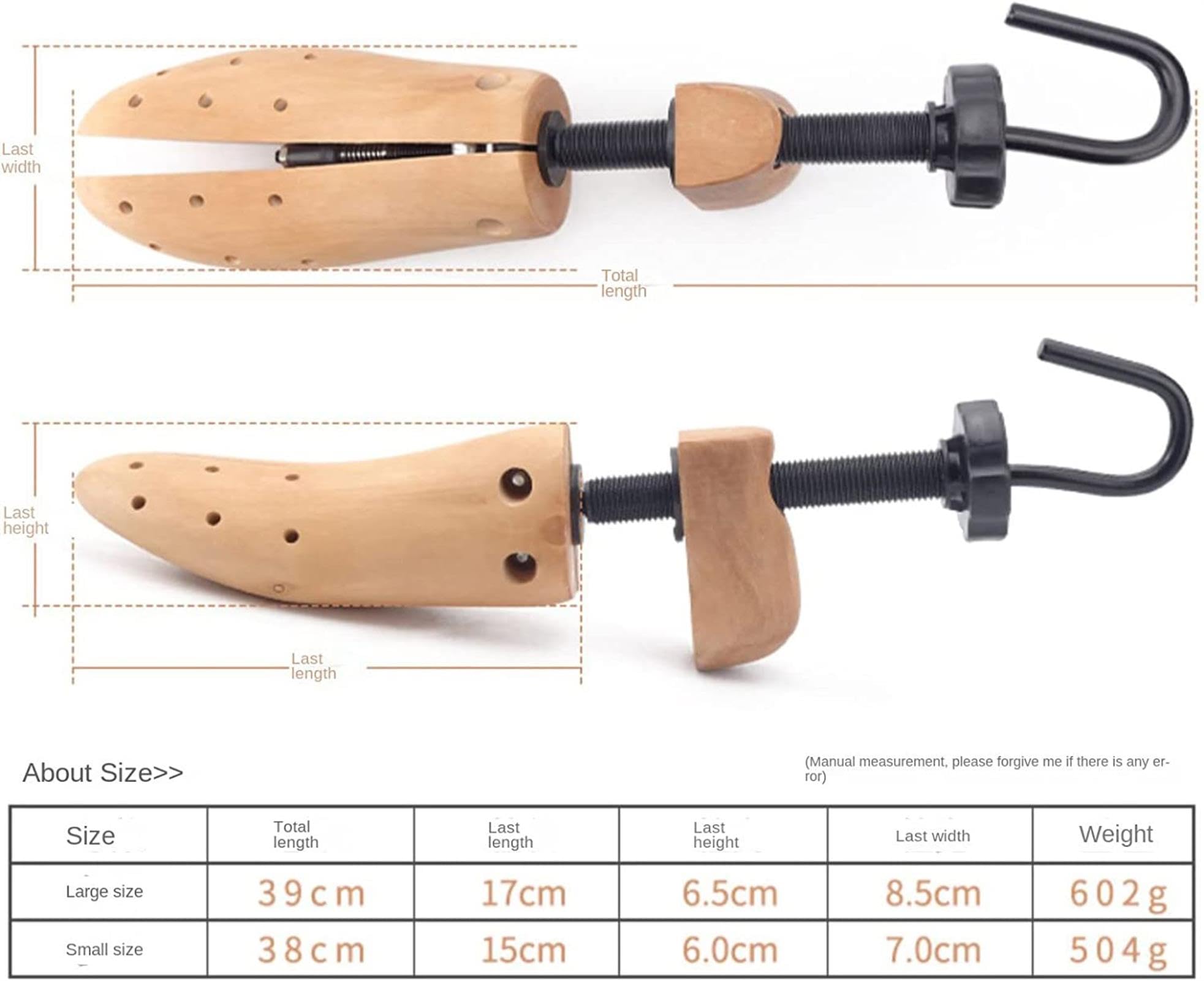 REVAHI Árbol de Zapatos de Madera Real Que Absorbe la Humedad Camilla de Zapatos con Espiral para el Cuidado de la Forma del Zapato, Tensor de Zapatos de Madera, Tensor de Tornillo Unisex