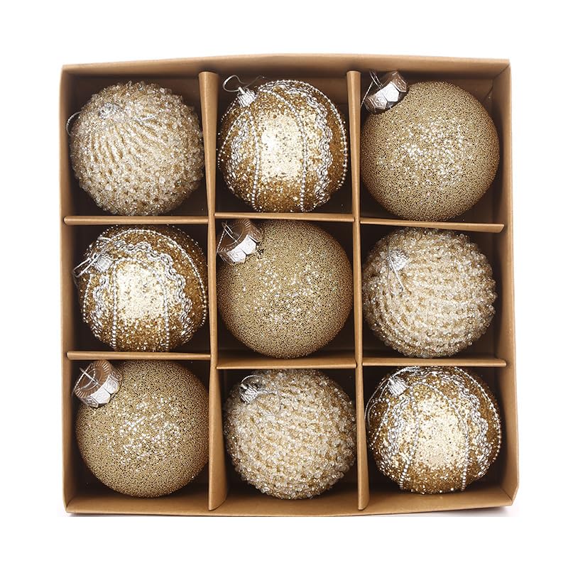 Bolas de Navidad, Champagne Bolas de Navidad 9Pcs 8cm Baubles Decoraciones claras para Las Vacaciones del árbol Casa Decoración de la Fiesta de Navidad ﻿ (Dorado)