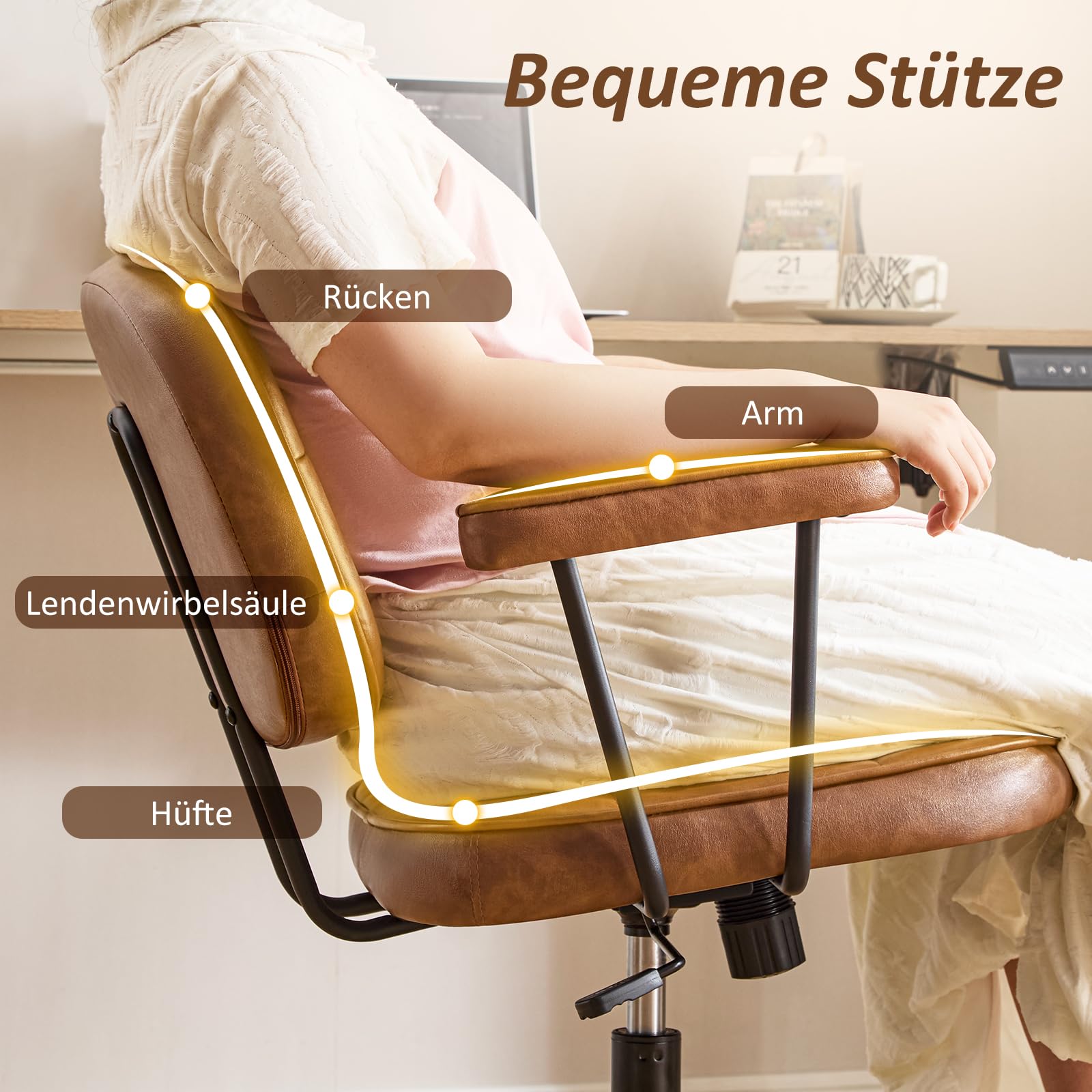 Hellove Schreibtischstuhl Bürostuhl Ergonomisch mit Armlehnen PU Leder 360° Drehstuhl Höhenverstellbarer Computerstuhl für Arbeitszimmer Homeoffice Büro Wohnzimmer Schlafzimmer, Braun