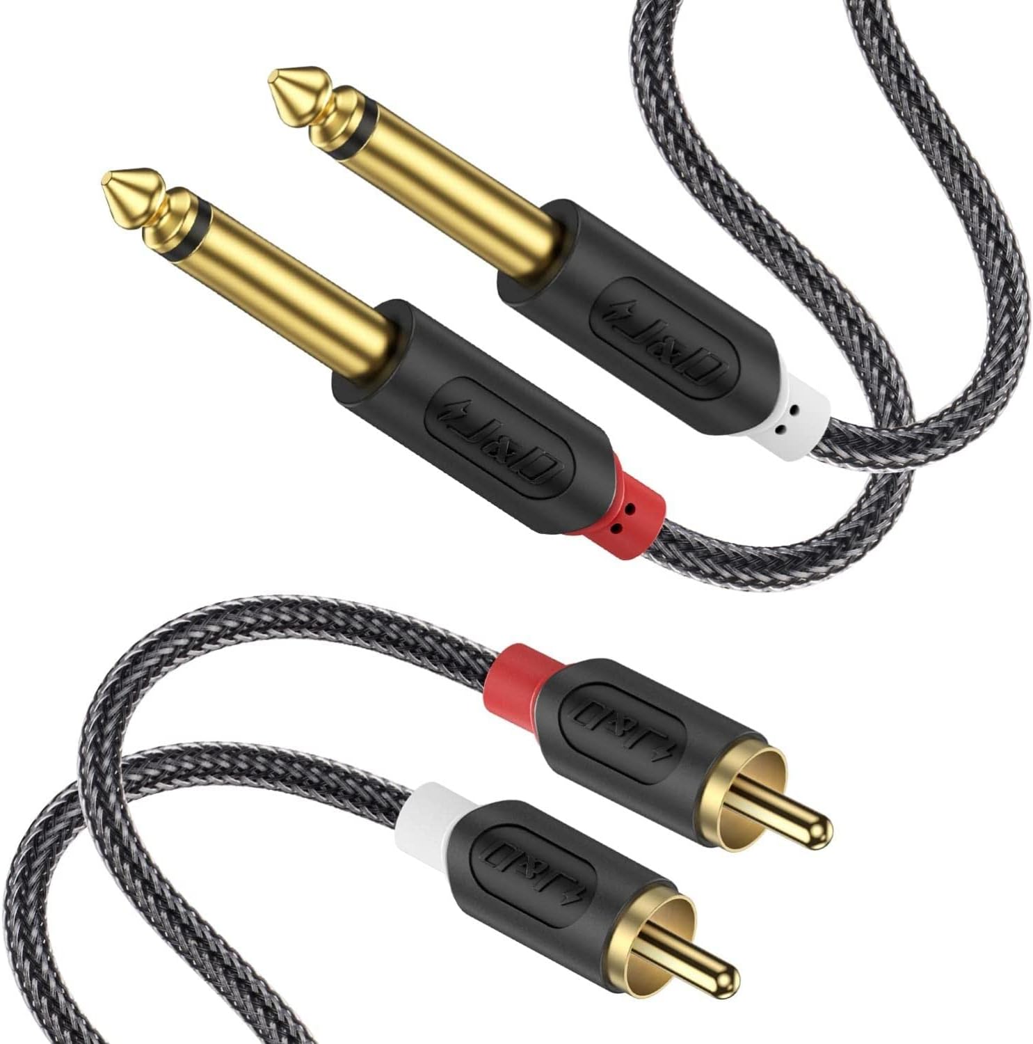 J&D Dual 1/4 inch TS to Dual RCA Stereo Audio Interconnect Cable, Gold Plated Audiowave Series 2X 6.35mm Male TS to 2 RCA Male Stereo Audio Adapter with PVC Shelled Housing and Nylon Braid, 15 Feet