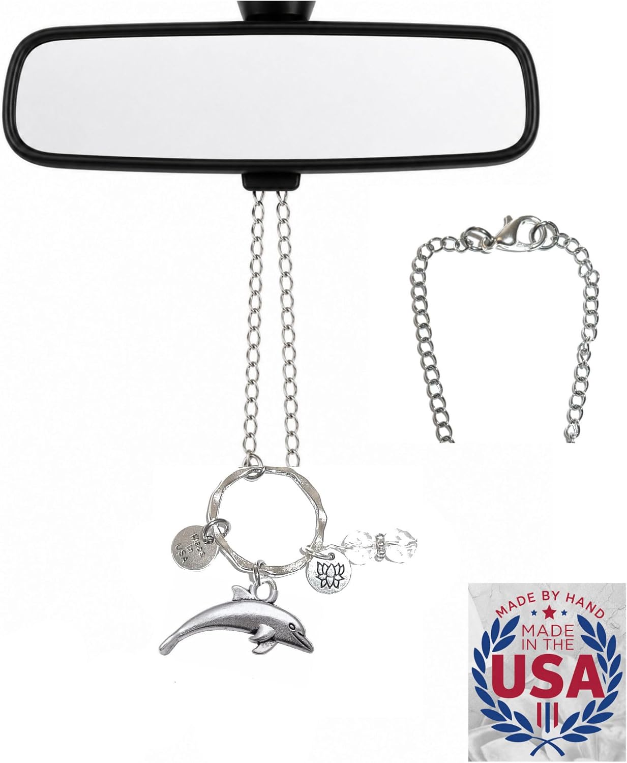 Rear View Mirror Car Charm Ornament, Sun Catcher, Hanging Pendant, Stainless Steel Chain and Crystal Accents, Packaged in a Gift Bag (Dolphin)