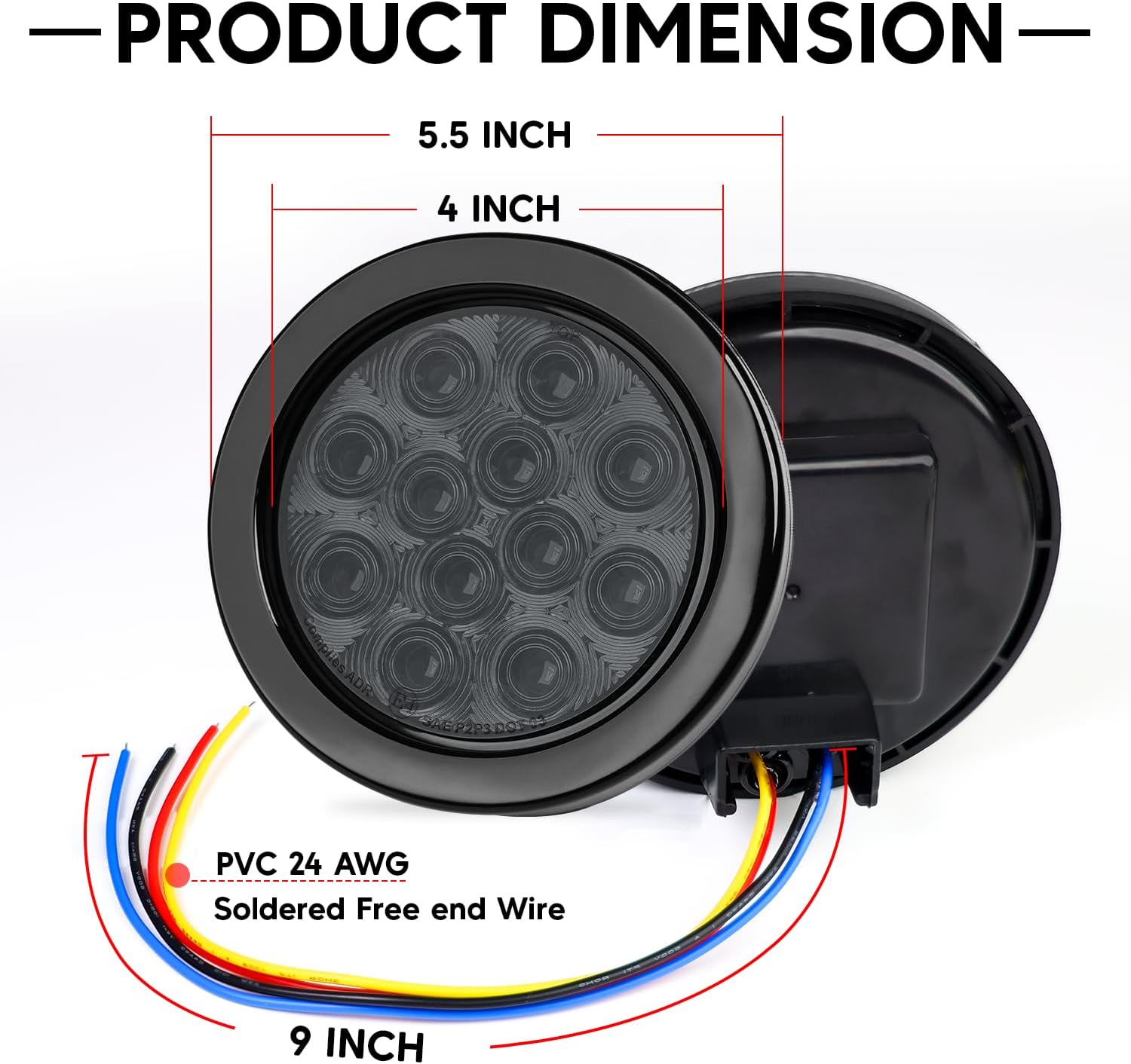 2 Pcs 4" Smoked Lens Red LED Round Marker Clearance Tail Light with 3 Modes (Low/High/Strobe) – 12 LED, 4-Wire, Grommet & Prong Plug, 12V DC for Trailer, Truck, Van, RV, Tractor