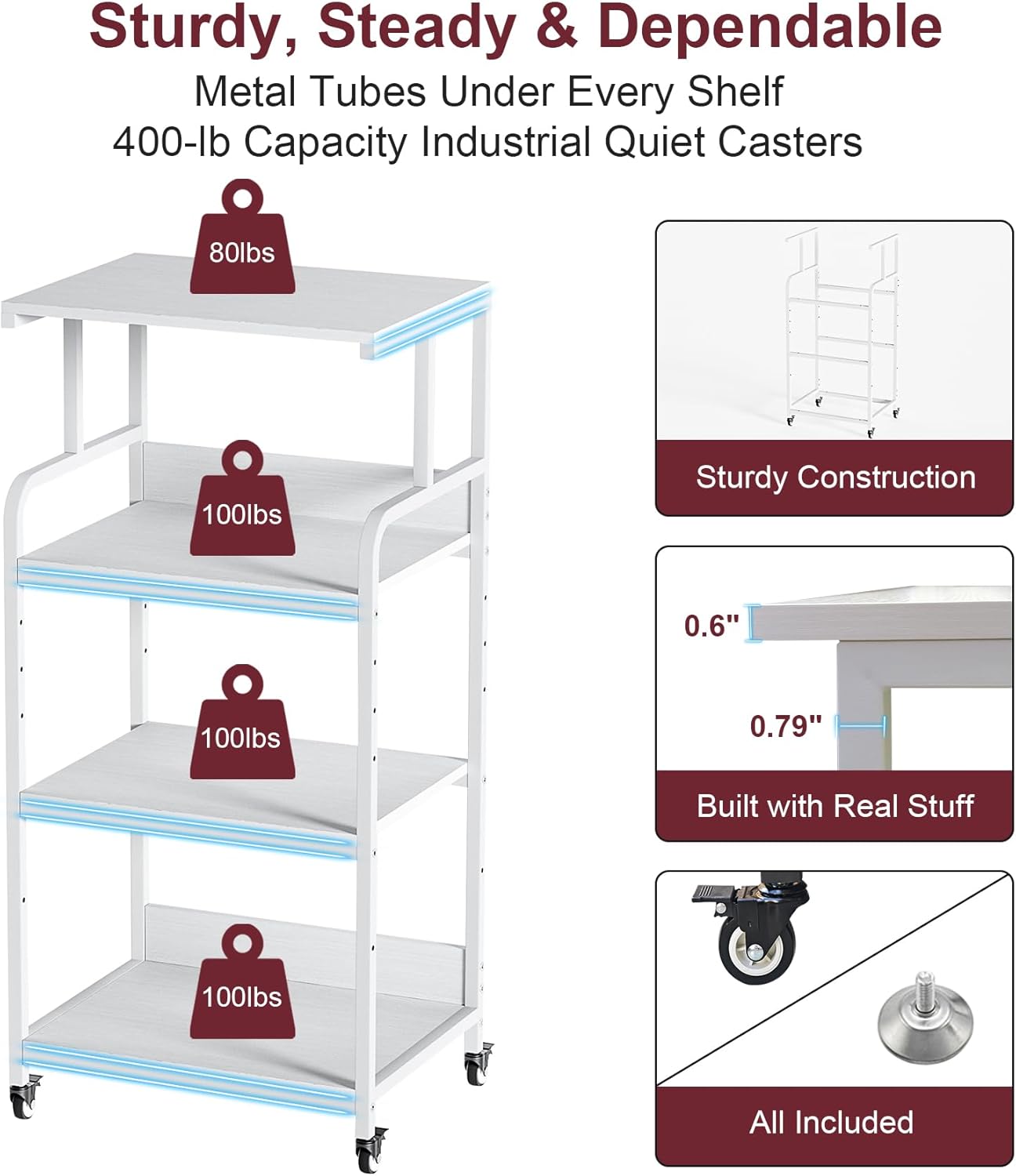 4-Tier White Printer Stand with Wheels, Extra Large Tall Printer Table with Storage Shelf, 4 Tier Printer Cart, Home Printer Stands (White)