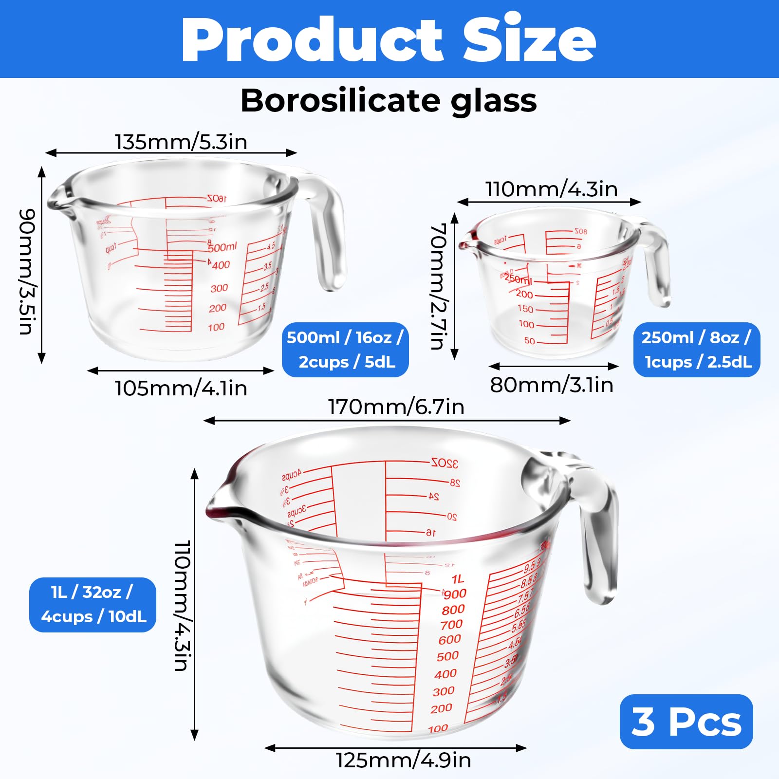 Set de 3 Vasos Medidores de Vidrio Borosilicato 1000 ml 500 ml 250 ml, Jarras Medidoras Graduadas con Asa y Pico Vertedor, Resistentes al Calor, Sin BPA, para Cocina y Repostería | 4 Escalas precisas L/dL/OZ/Cups Resistente al Calor BPA Libre de Medición