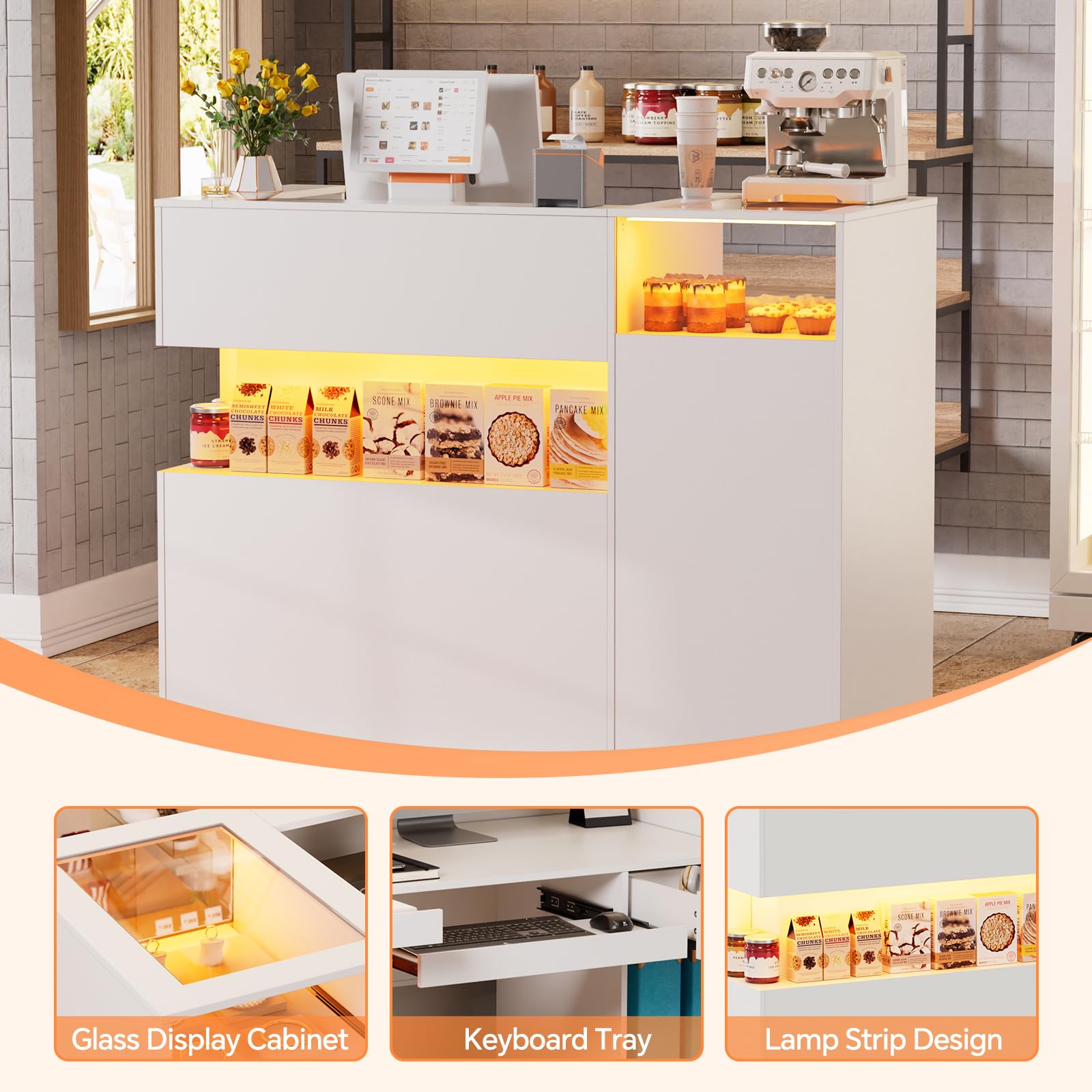 Barra de recepción con LED y estante de cristal, mostrador de venta con cajones con cerradura, mostrador de recepción con bandeja para teclado, mostrador de recepción para oficina, salón, tienda o
