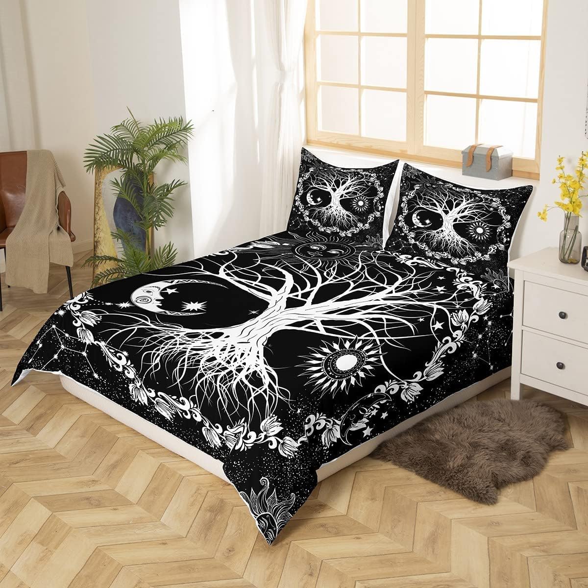 Loussiesd Tree of Life Boys Duvet Cover Set Sun and Moon Bedding Set Kids Teens Black and White Constellations Duvet Cover Set Floral Botanical Quilt Cover King Size - Image 4