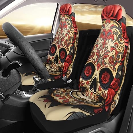 Car Seat Cover 2 Pack Seat Covers for Car Front Seats Protector Red Rose Sugar Skull Seat Covers Auto Seat Mat with Elastic Strap Seat Protector Car Covers Auto Accessories Set of 2