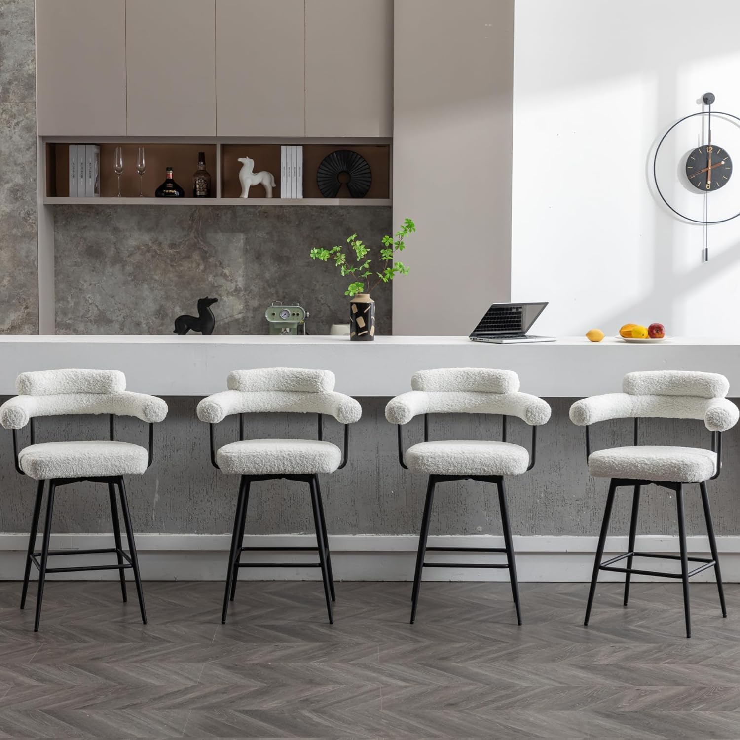 26.7’’ Bar Stools Set of 2, Modern Upholstered Barstools with Arms and Back, Boucle Fabric, 360 Swivel Stools with Metal Leg and Footrest, Counter Height Bar Chairs for Kitchen Island, White