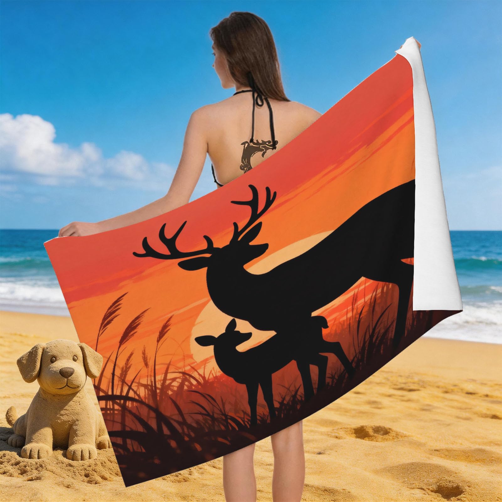 Leichong 3D Animal Deer Beach Towel Microfiber Soft Quick Dry for Adults, Sunset Silhouette Bath Towel Lightweight Soft Absorbent for Travel Swimming Pool Sports, 75 x 150 cm