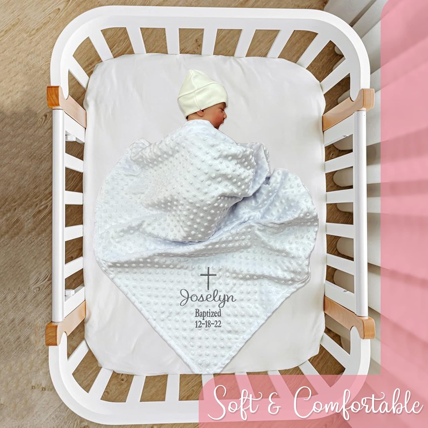 Baptism Blanket Personalized Baby Gifts – Luxurious Baptismal Gifts Textured Baby Blanket with Name, Date – Unique Christening Gifts for Girls and Boys – Soft Minky (White/Silver)
