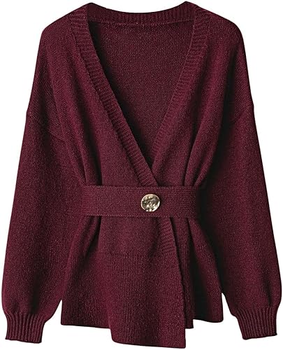 Verdusa Women's Tie Belted Wrap Cardigan Sweaters Old Money Knit Outerwear Fall 
