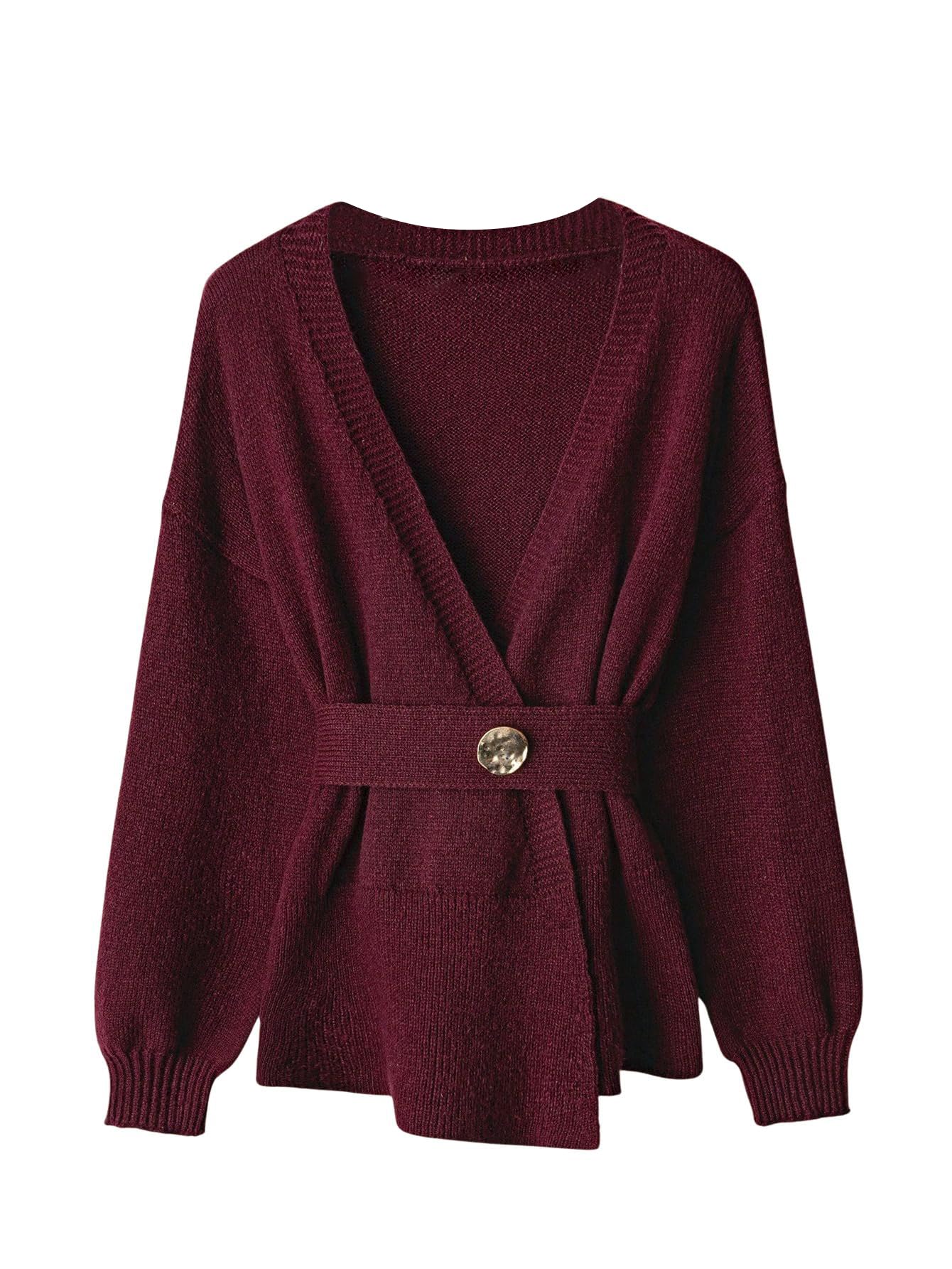 Verdusa Womens Tie Belted Wrap Cardigan Sweaters Old Money Knit Outerwear Fall Clothes