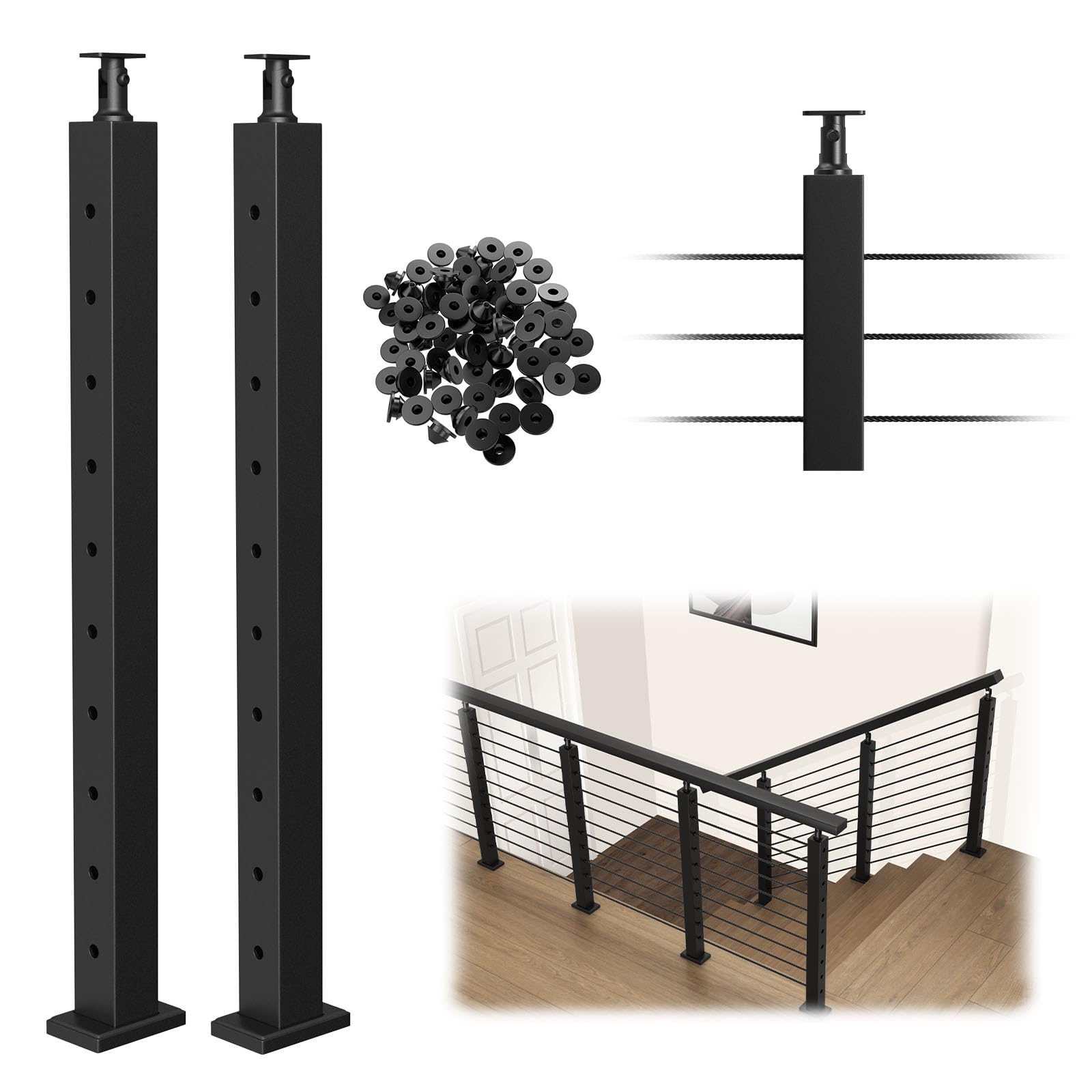 BLIKA 2 Pack Level Drilled Cable Railing Posts, 36"x2"x2" Stainless Steel Adjustable Line Post Black Finish, Metal Deck Railing Posts, Top Mount Stainless Steel Terminal Post for Cable Railing Kits