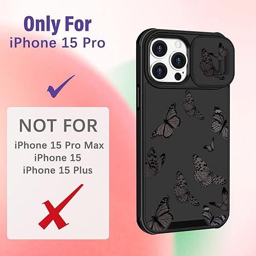 Miniatura 2 de Funda 2 en 1 para iPhone 15 Pro con diseño de mariposa para mujeres y niñas, bonita funda kawaii para adolescentes, diseño estético negro con funda
