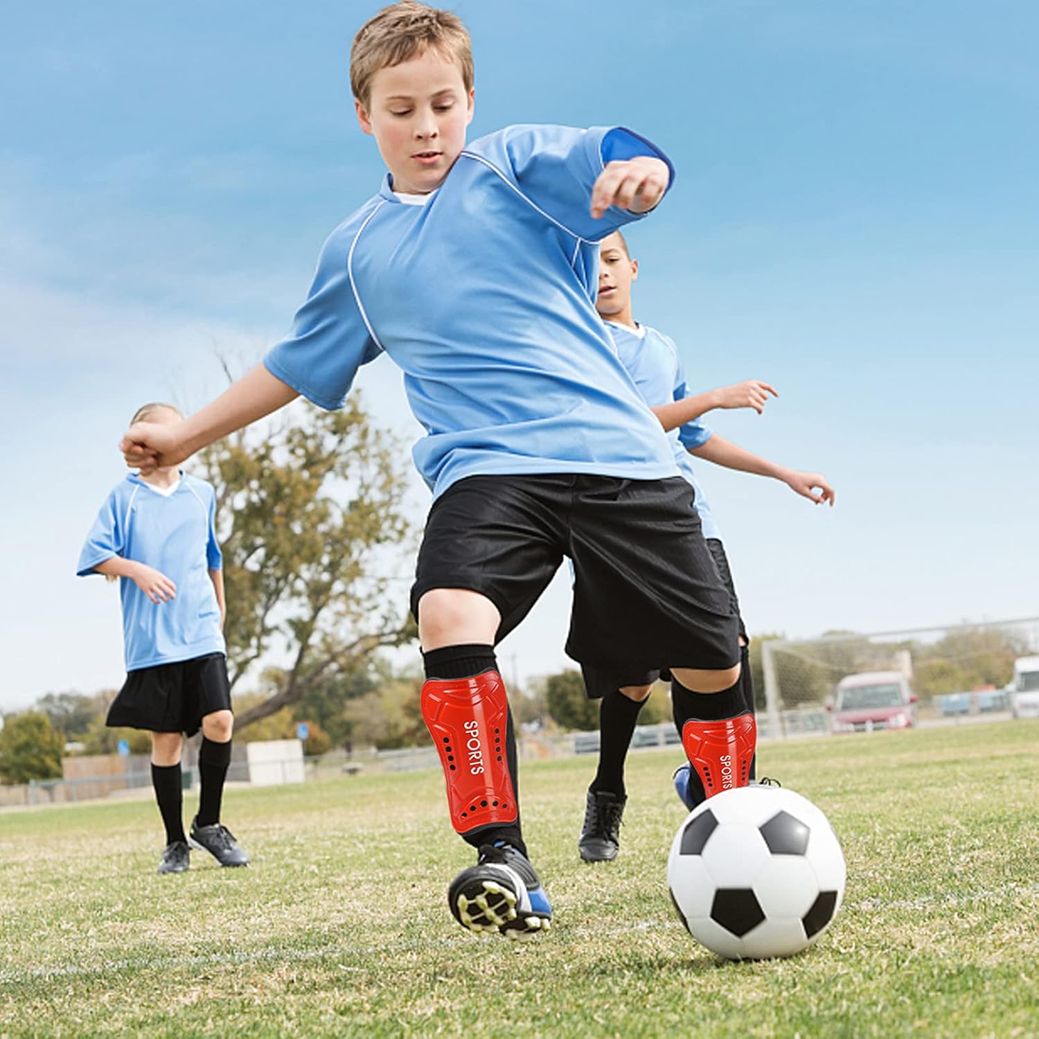 4 Pair Youth Soccer Shin Guards, Football Knee Shin Guards with Adjustable Double Straps, Shin Pads Protector Child Calf Protective Gear Soccer Equipment for 4-12 Old Kids, Teenagers, Boys, Girls : Sports & Outdoors