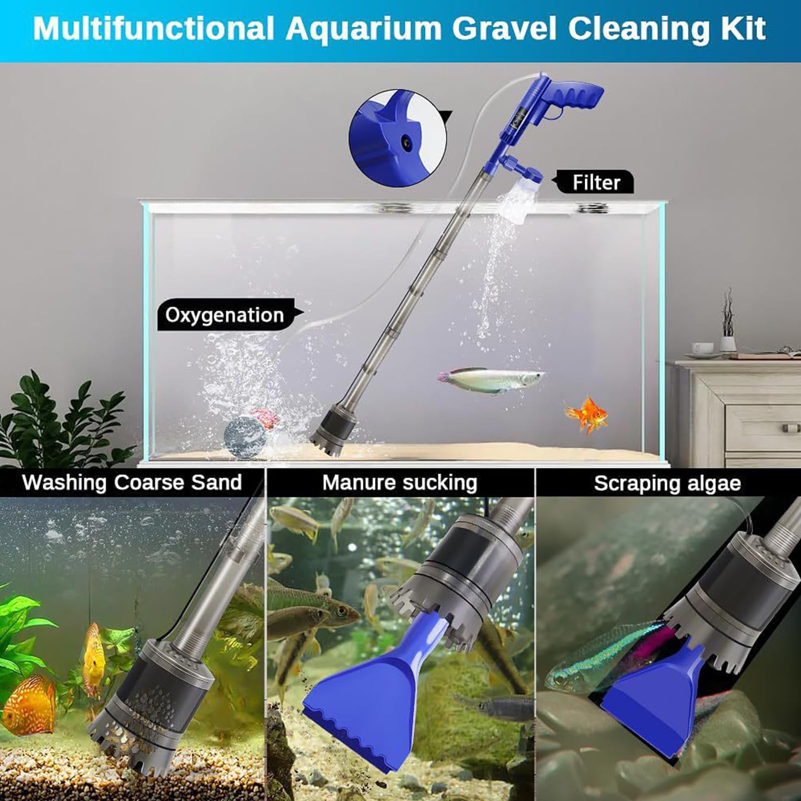 6 En 1 Limpiador Eléctrico para Acuarios, Limpiador Grava Acuario, para Sifón Acuarios, Lavado De Arena Y Absorción De Heces, Limpieza De Suciedad, Aspirador Acuario Kit De Limpieza
