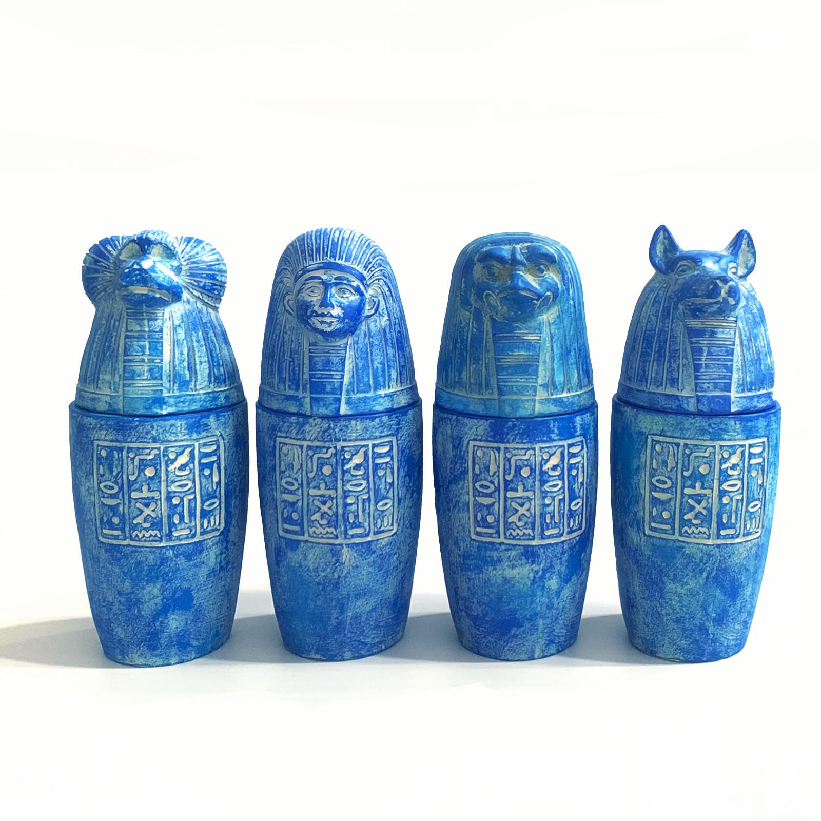 Egyptian Canopic Jars Set - 4 Blue Resin Figurines with Gods & Hieroglyphs - Ancient Egypt Decor for Home, Office, or Collection (Blue)