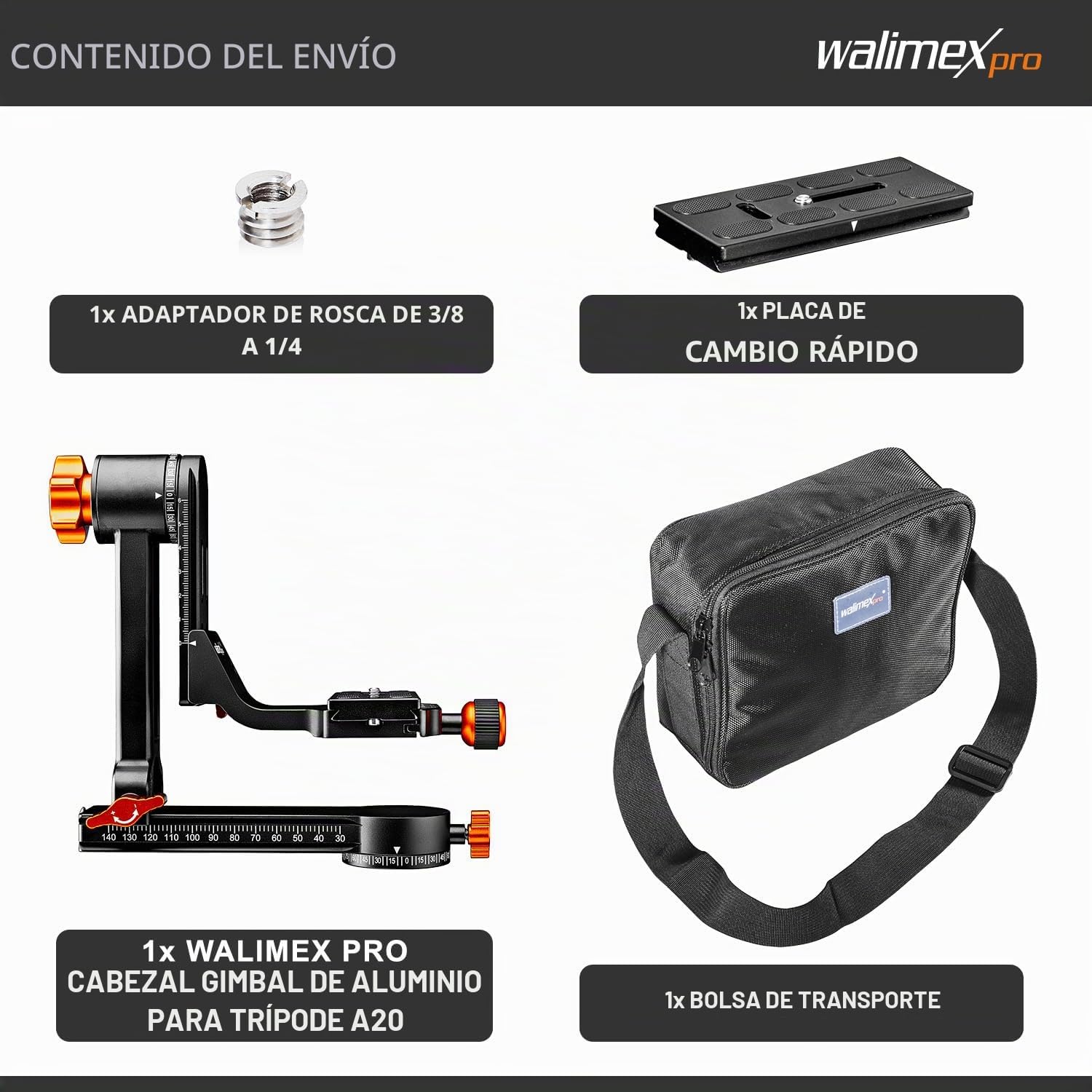 Walimex Pro Gimbal Head A20 - Cabezal de trípode (panorámico de 360 Grados, con Placa de liberación rápida Arca, soporta hasta 20 kg, con Bolsa, para Objetivos DSLR DSLM)