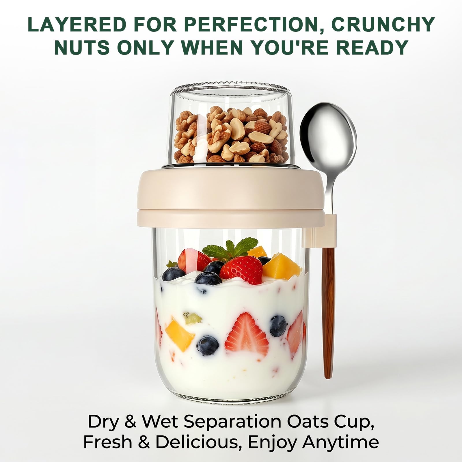 CEWROM Juego de 4 vasos de cereales para llevar, 480 ml de vidrio de avena con tapa, recipiente de cristal de doble pared con tapa, vaso de yogur para llevar y taza