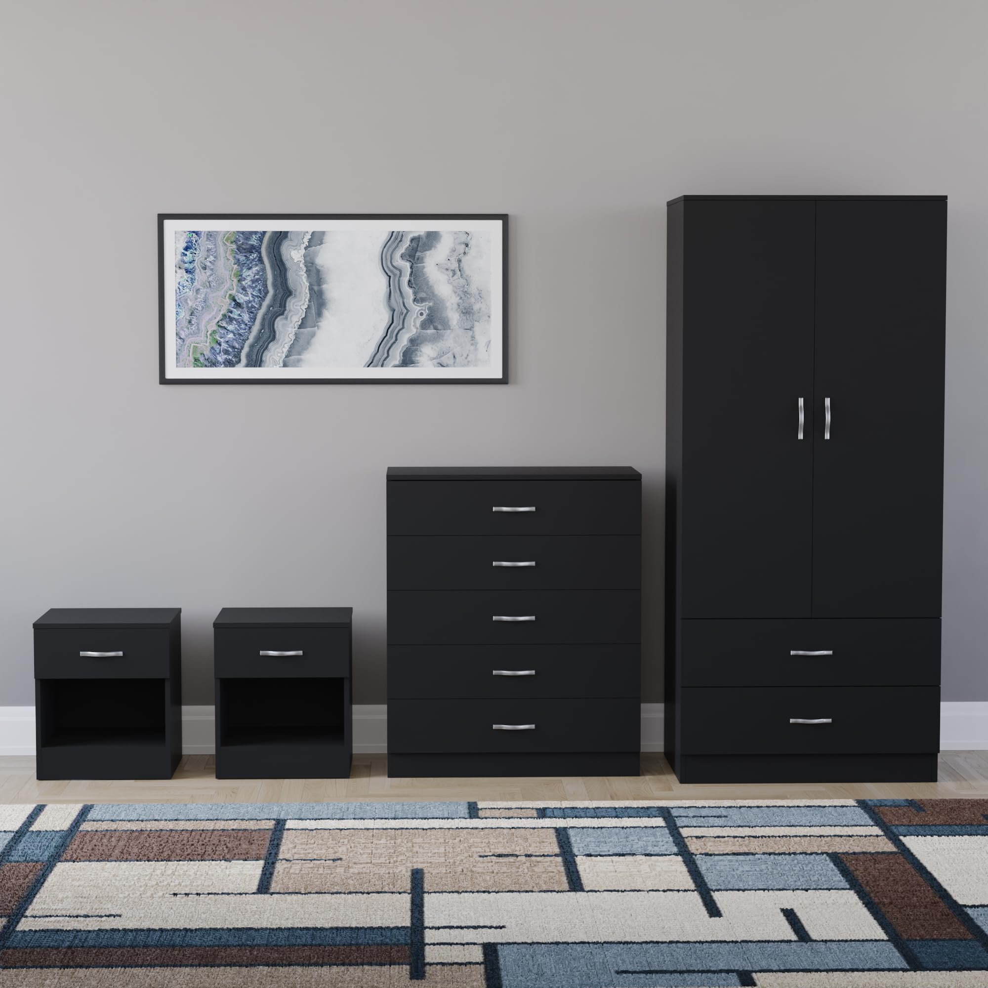 Vida Designs Riano - Juego de dormitorio de 4 piezas (1 cajón, cómoda de 5 cajones, armario de 2 puertas y 2 cajones), color negro (5)