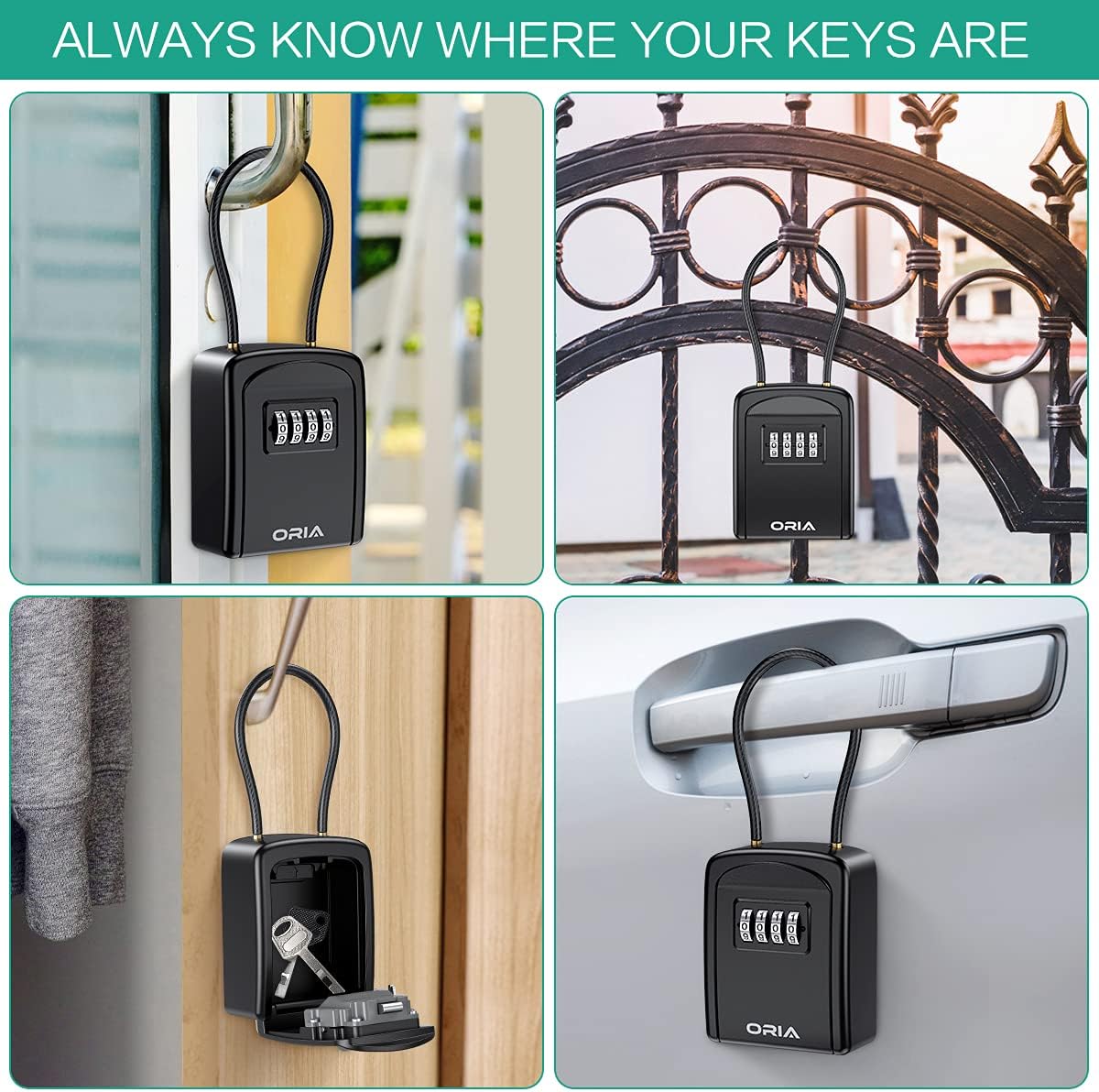 Multiple examples of the ORIA Key Lock Box being used in different locations like a door handle, closet, gate, and car door handle.