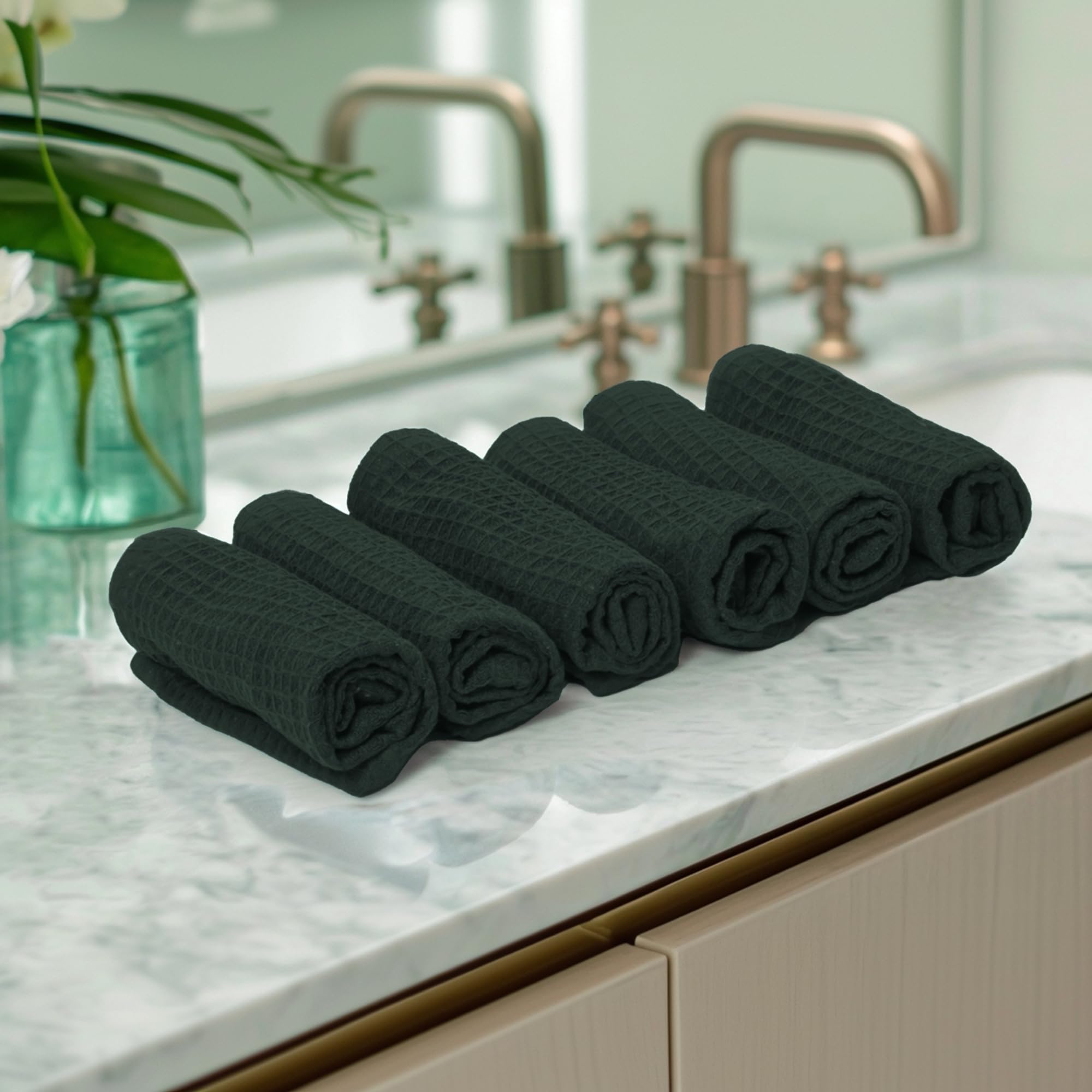 Encasa XO Kitchen Dish Towels Set | Green | Waffle Weave and Flat Hand Tea Towel | 30x30 cm | Quick Drying Reusable Cotton Washcloths | Multipurpose Lightweight Dishcloths Set of 6 โ image 1