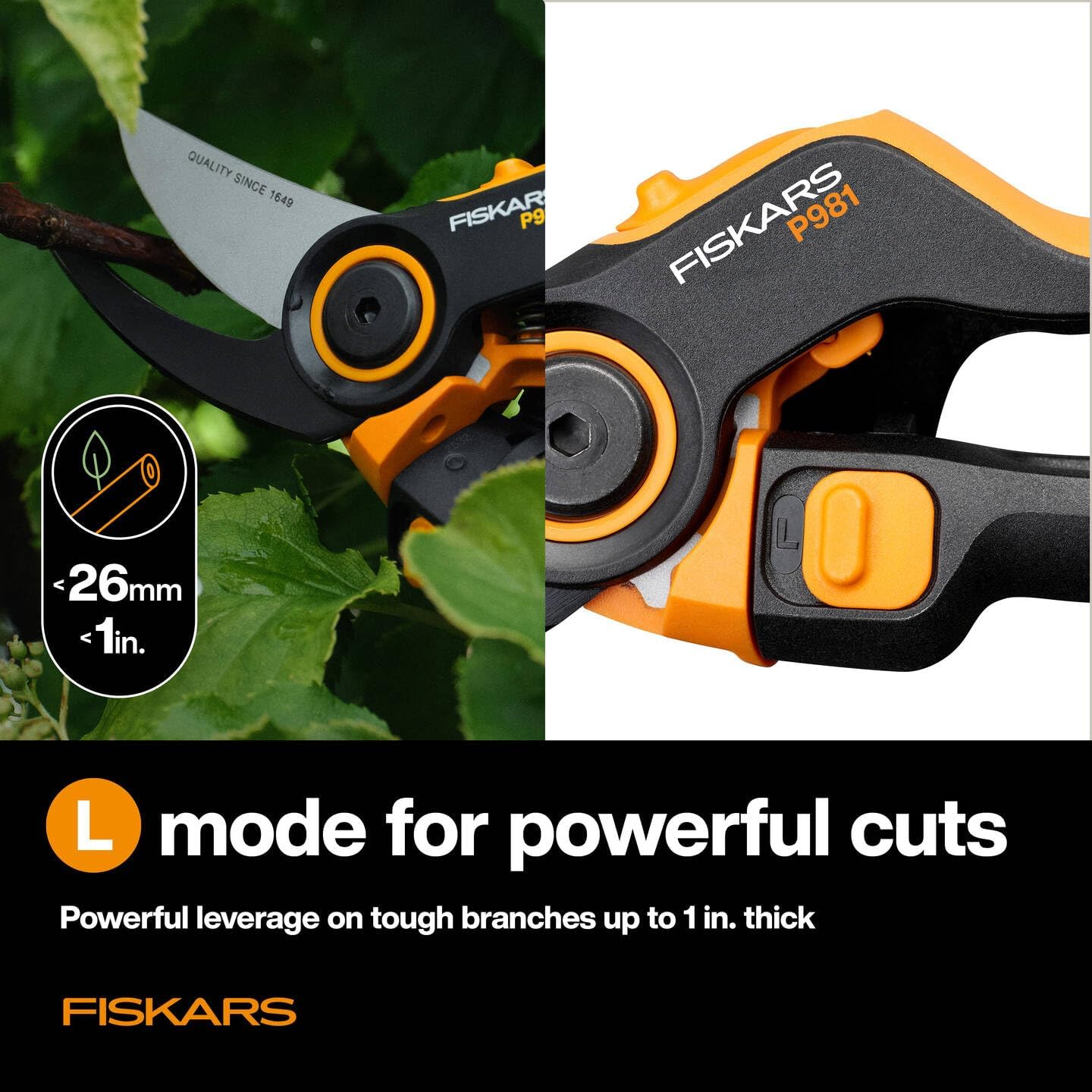 Fiskars X-series DualAction Secateurs Bypass P981, 2-in-1 Mode for Thin and Thick Branches, Ergonomic Roll Handle, Non-Stick Coated Steel Blades/FiberComp Handles, Black/Orange, 1080132