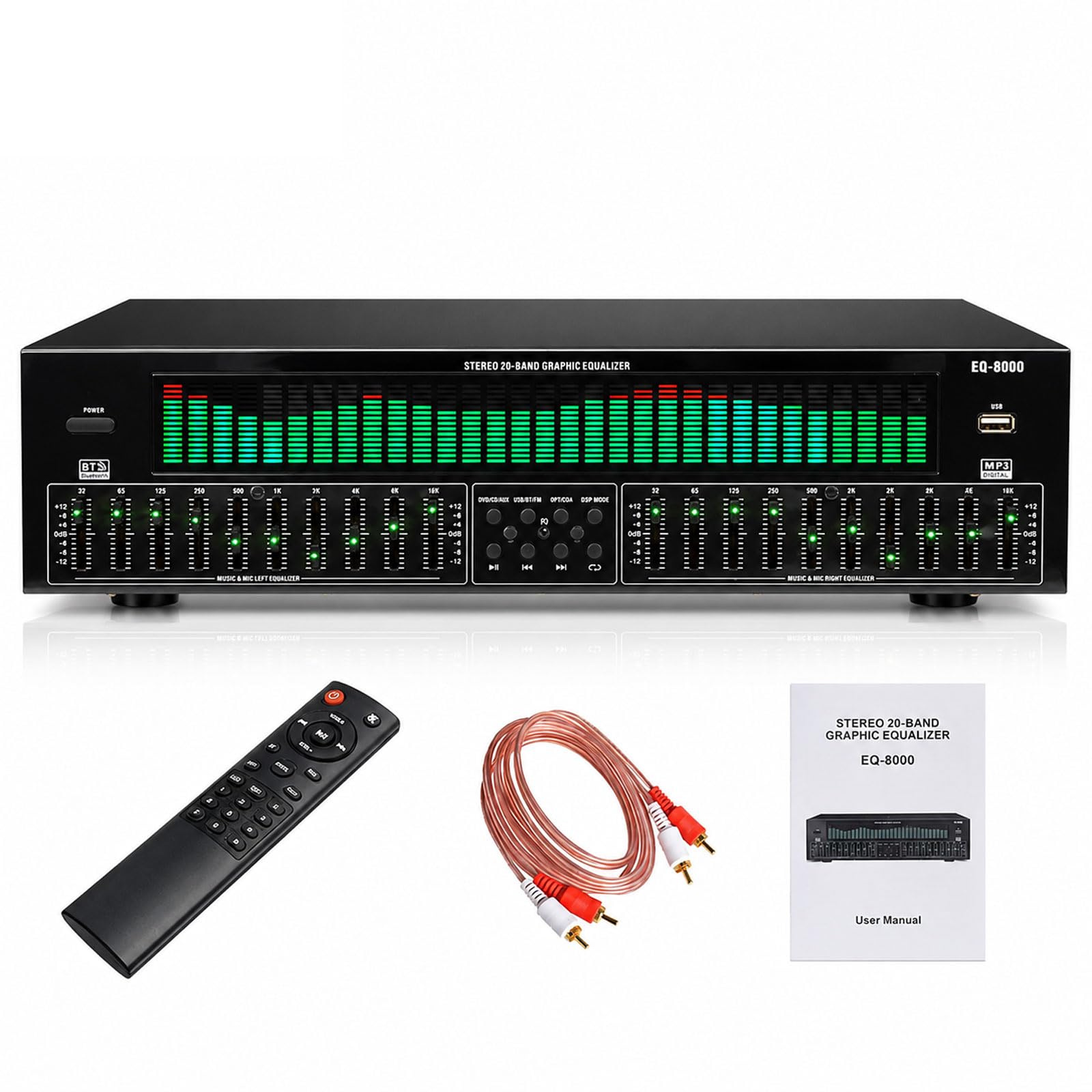 Equalizzatore Grafico Stereo, Equalizzatore Spettro Audio con Display LED, Regolazione Indipendente Doppia 10 Bande, Riproduzione USB, Ingresso Uscita Ottico Coassiale RCA per Home Theater, KTV