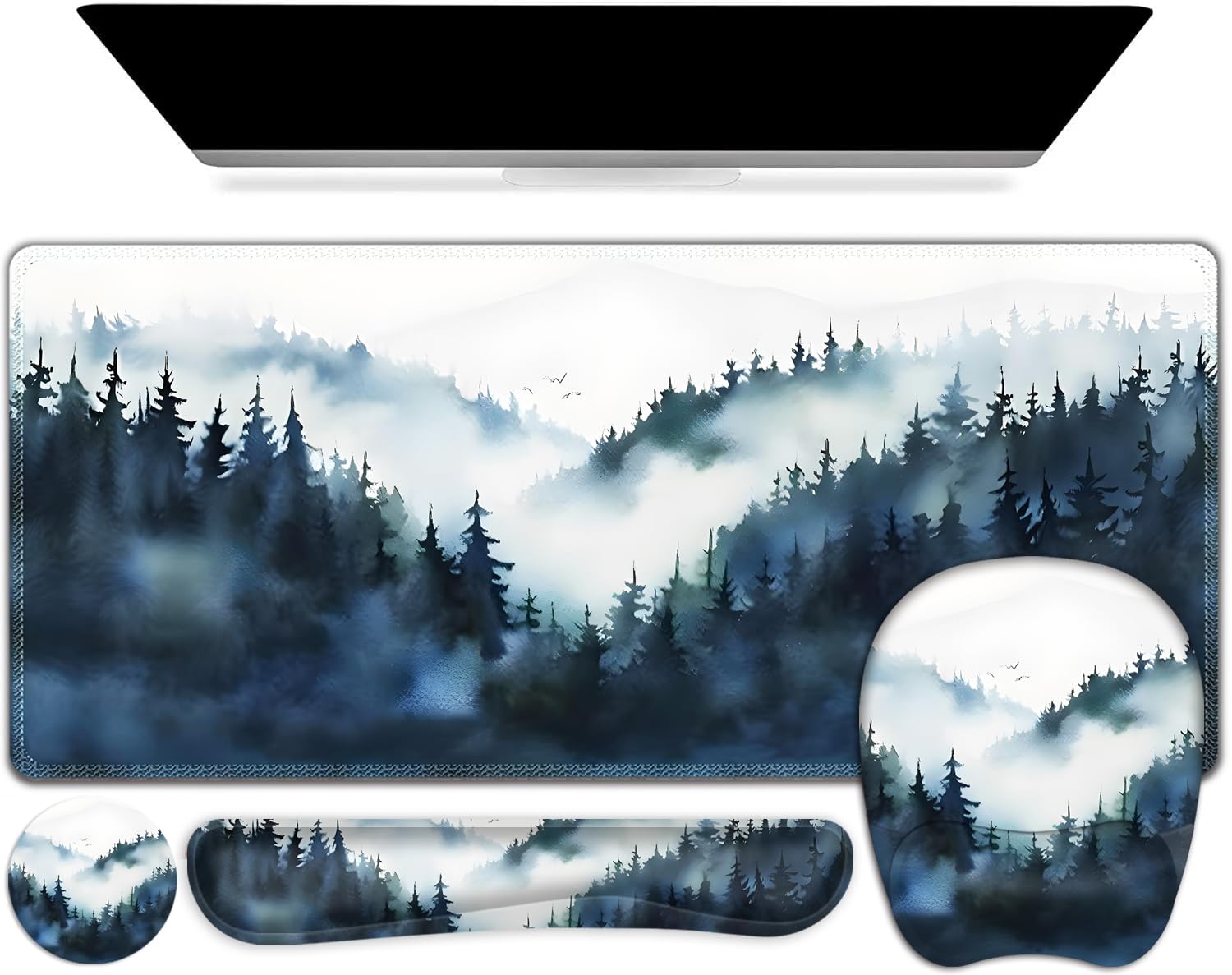 Large Mouse Pad, Keyboard Wrist Rest Set, Ergonomic Mouse Pad with Wrist Support, Desk Mat with Stitched Edges + Coaster, Extended Desk Pad Waterproof Desk Mat for Home Office Game I Misty Forest