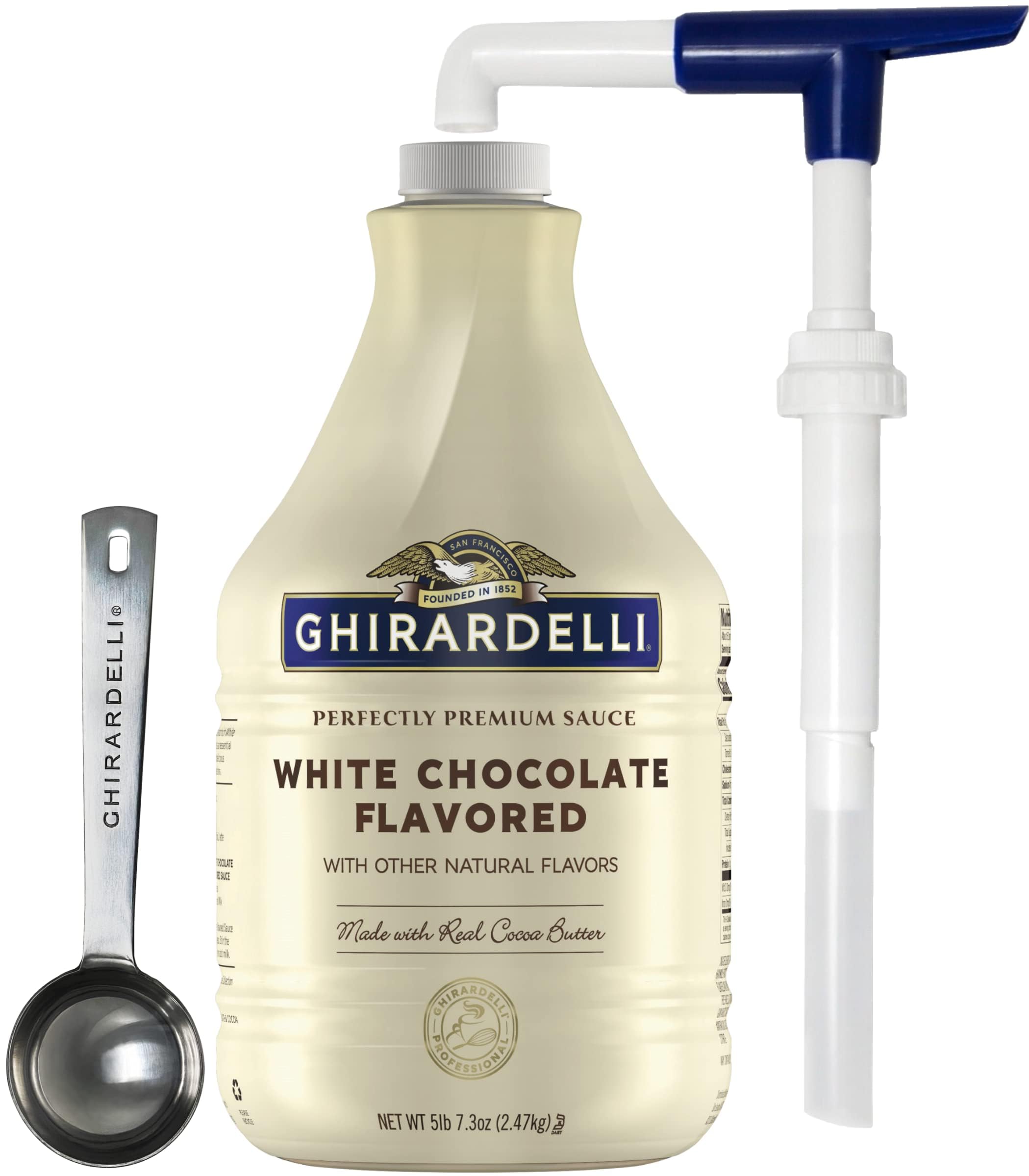 Ghirardelli White Chocolate Flavored Sauce 87.3 Ounce Bottle with Ghirardelli Stamped Barista Spoon & Pump