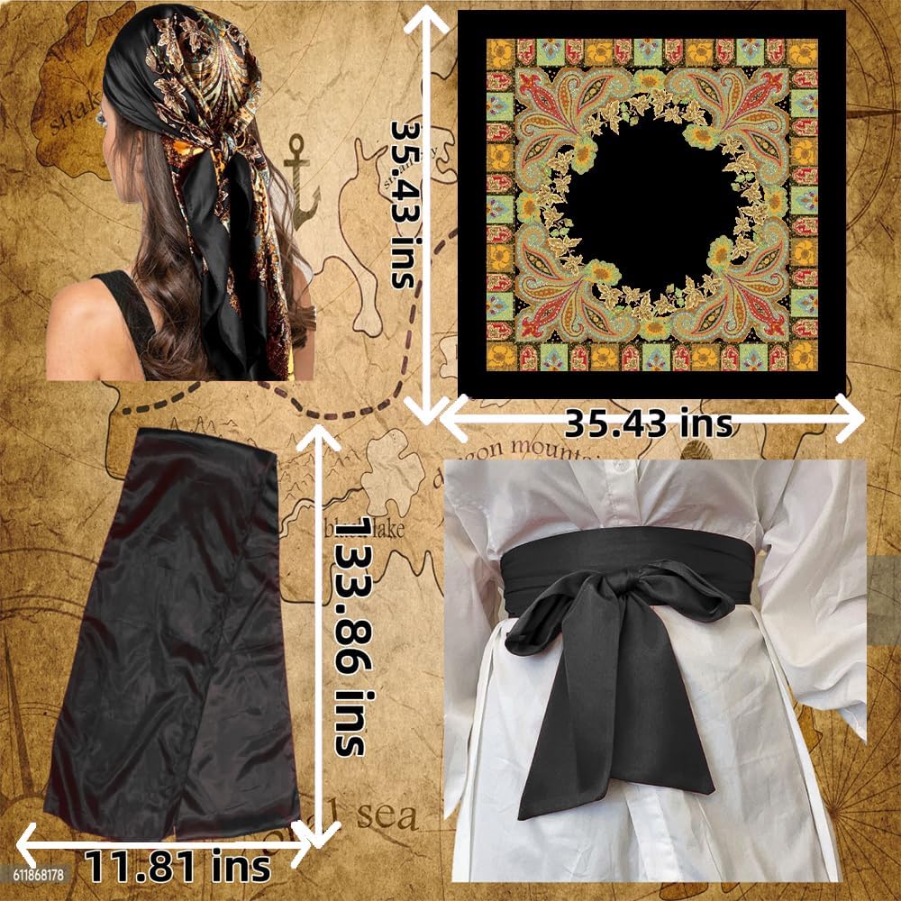 9PCS Pirate Costume Accessories Women with Head Scarf Wrap Pirate Eye Patch Sash Belt Necklace,Bracelet,Binocular,Coins - Image 2