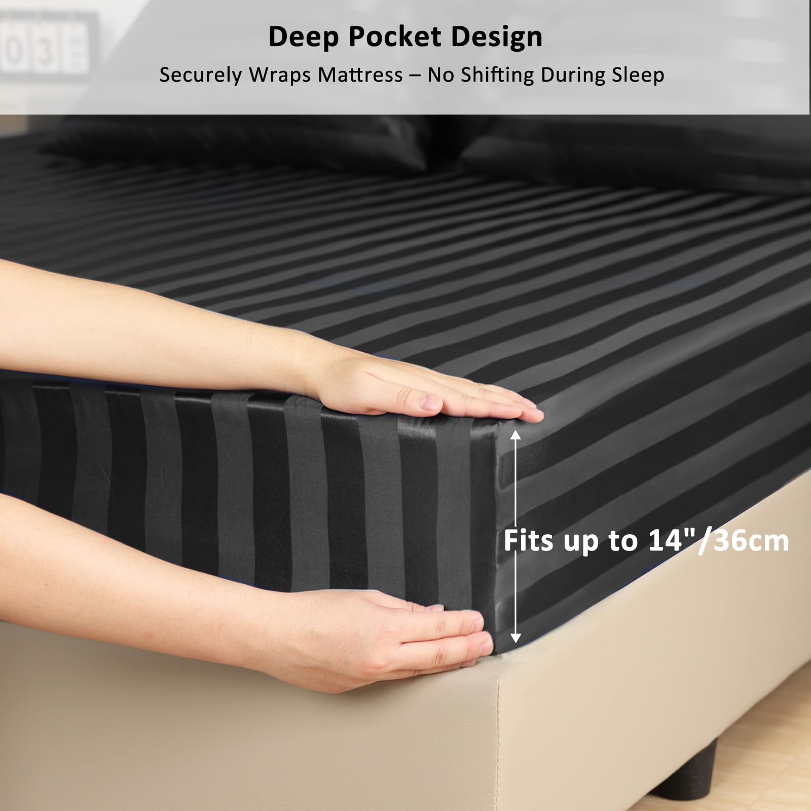 Lirex Satin Fitted Sheet, Silky & Soft Polyester Satin Weave Bed Sheets, 36 cm Deep Pocket with Elastic Corner Straps, King - Image 3