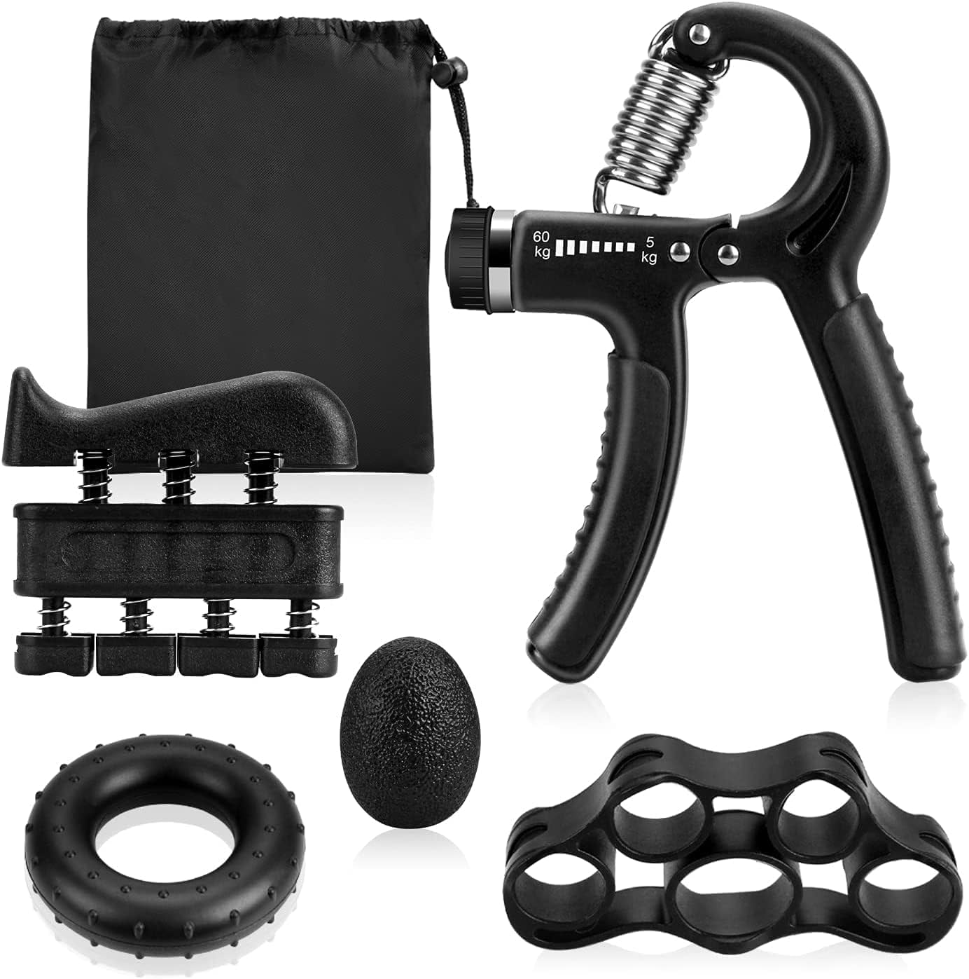 Hand Grip Strengthener kit -Adjustable Hand Gripper 10-60 KG. Finger  Exerciser. Finger Stretcher. Grip Ring. Squeeze Stress Relief Ball With  Carry Bag for Hand. Wrist Rehabilitation and Flexibility Training. Enhance  Strength and